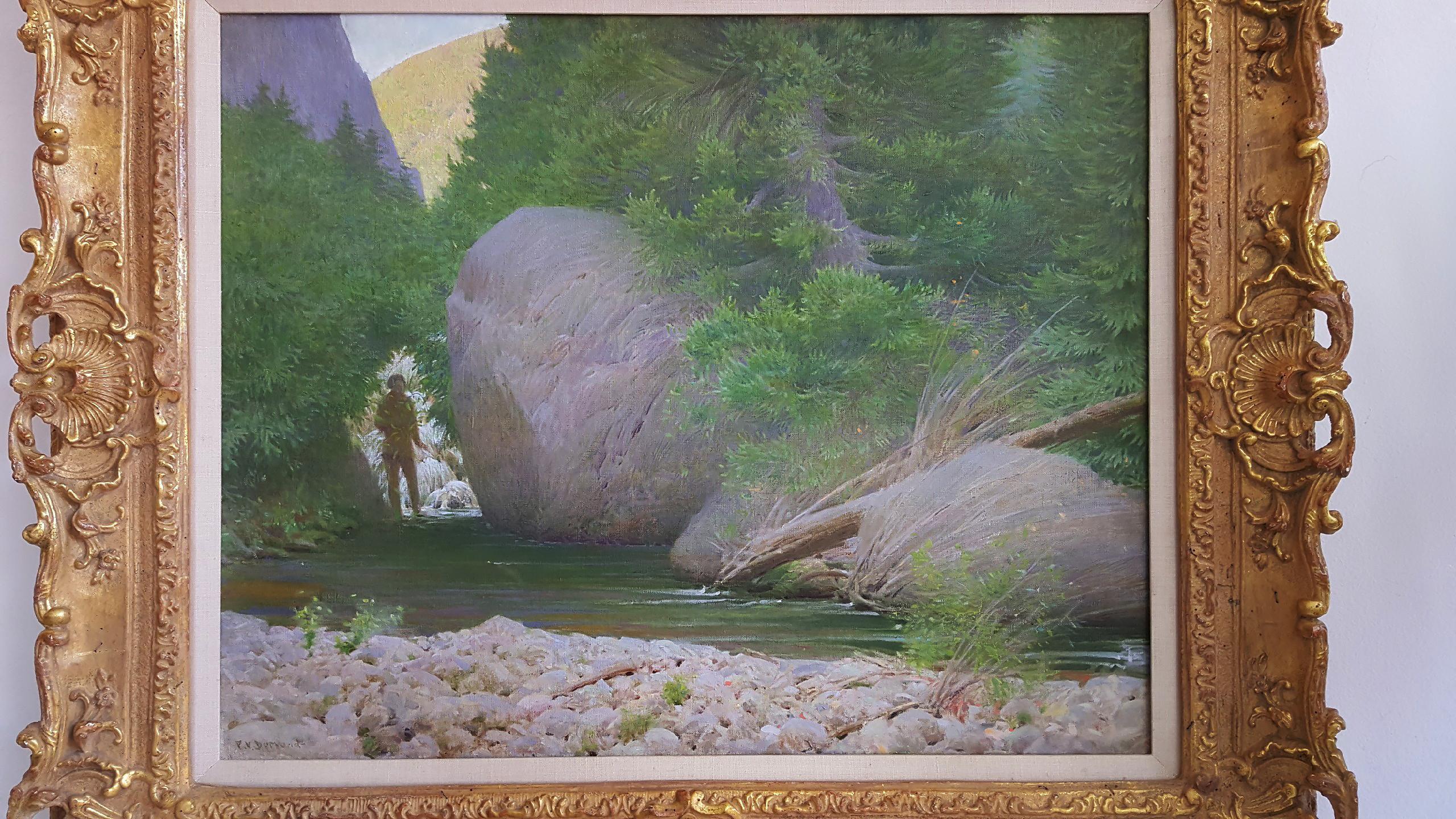Trout Rock
Signed lower left: F. V. Dumond
Titled on stretcher with artist's estate stamp: Trout Rock
From a Texas Estate. 

Frank Vincent Dumond was an artist, illustrator, and painter of the Tonalist school. This work was most likely done in Nova