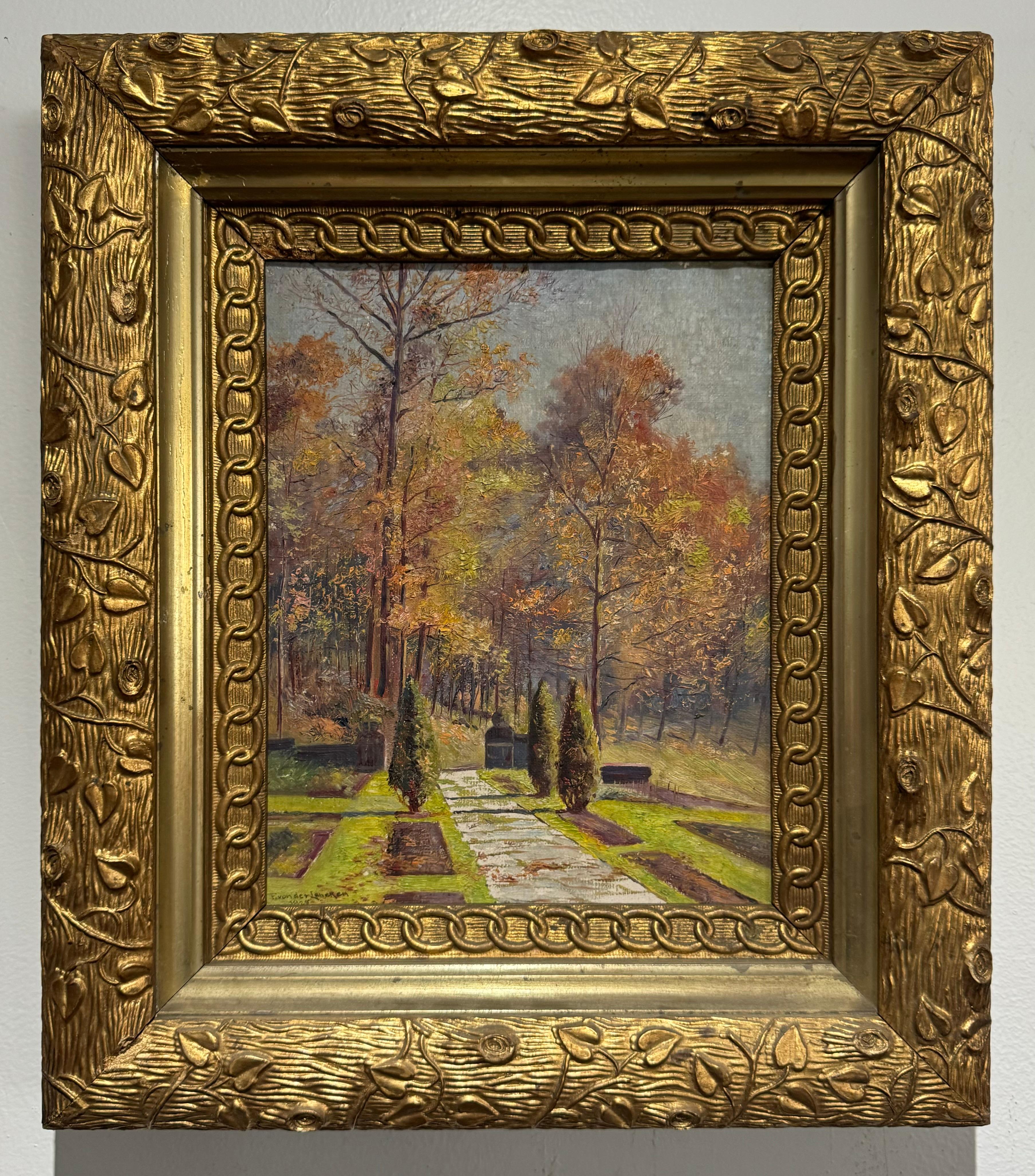 1925 ARTS n CRAFT IMPRESSIONIST Garden Landscape Painting peut-être KENTUCKY - Marron Still-Life Painting par Frank von der Lancken