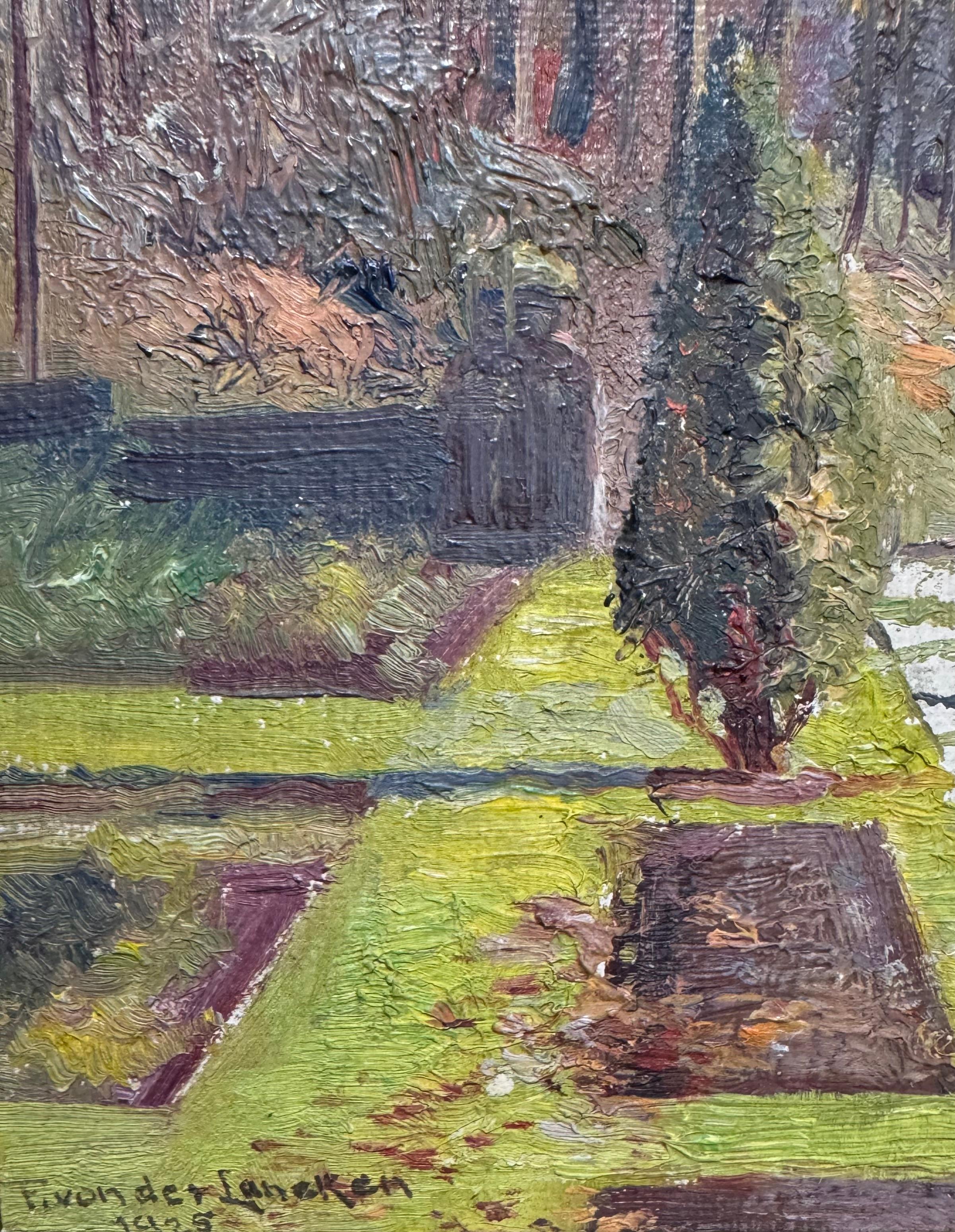 1925 ARTS n CRAFT IMPRESSIONIST Garden Landscape Painting peut-être KENTUCKY en vente 1