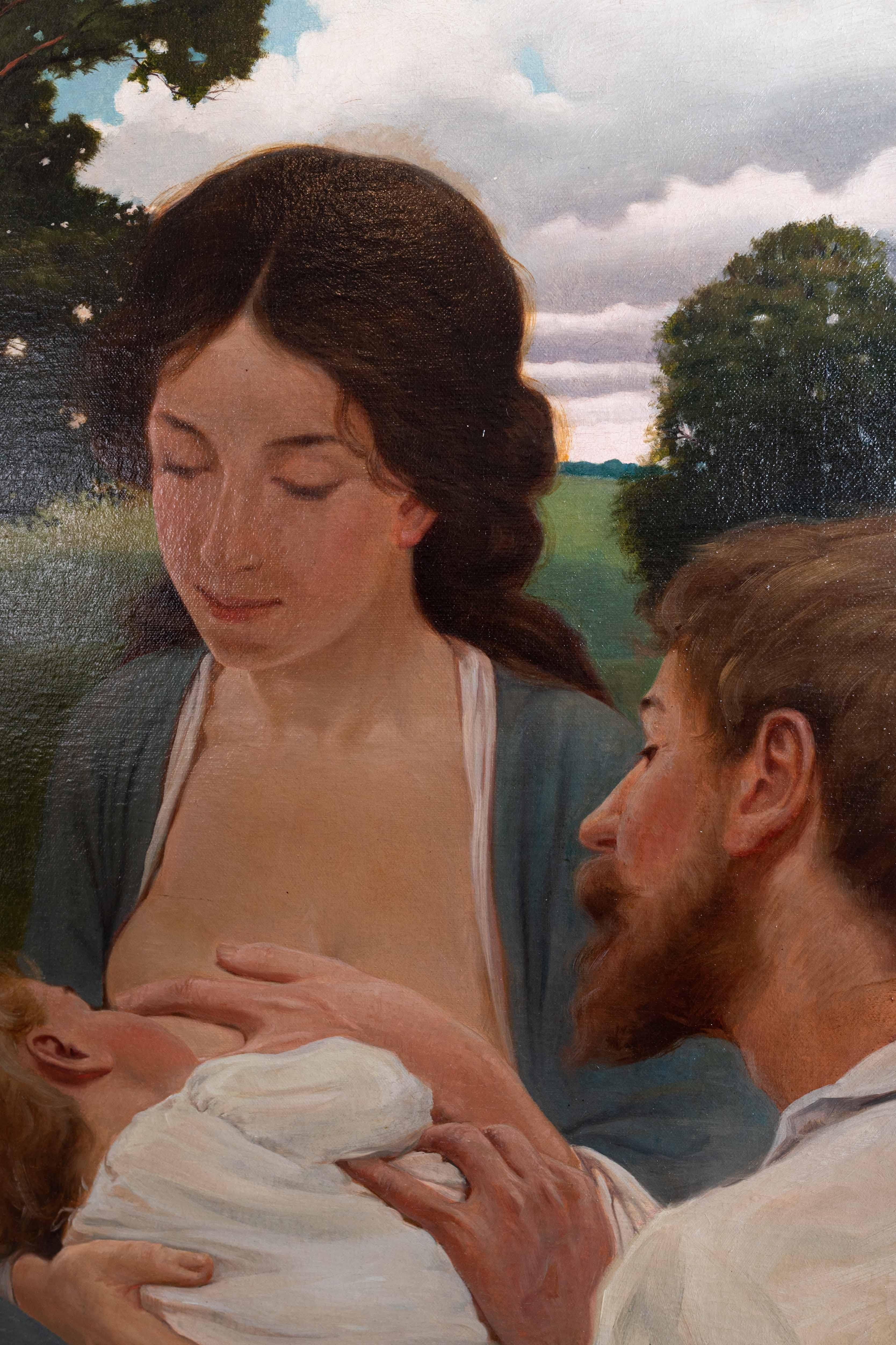 Ritratto ad olio su tela dell'artista stesso, di sua moglie e del figlio neonato - Portrait Painting Beige di Frank von der Lancken