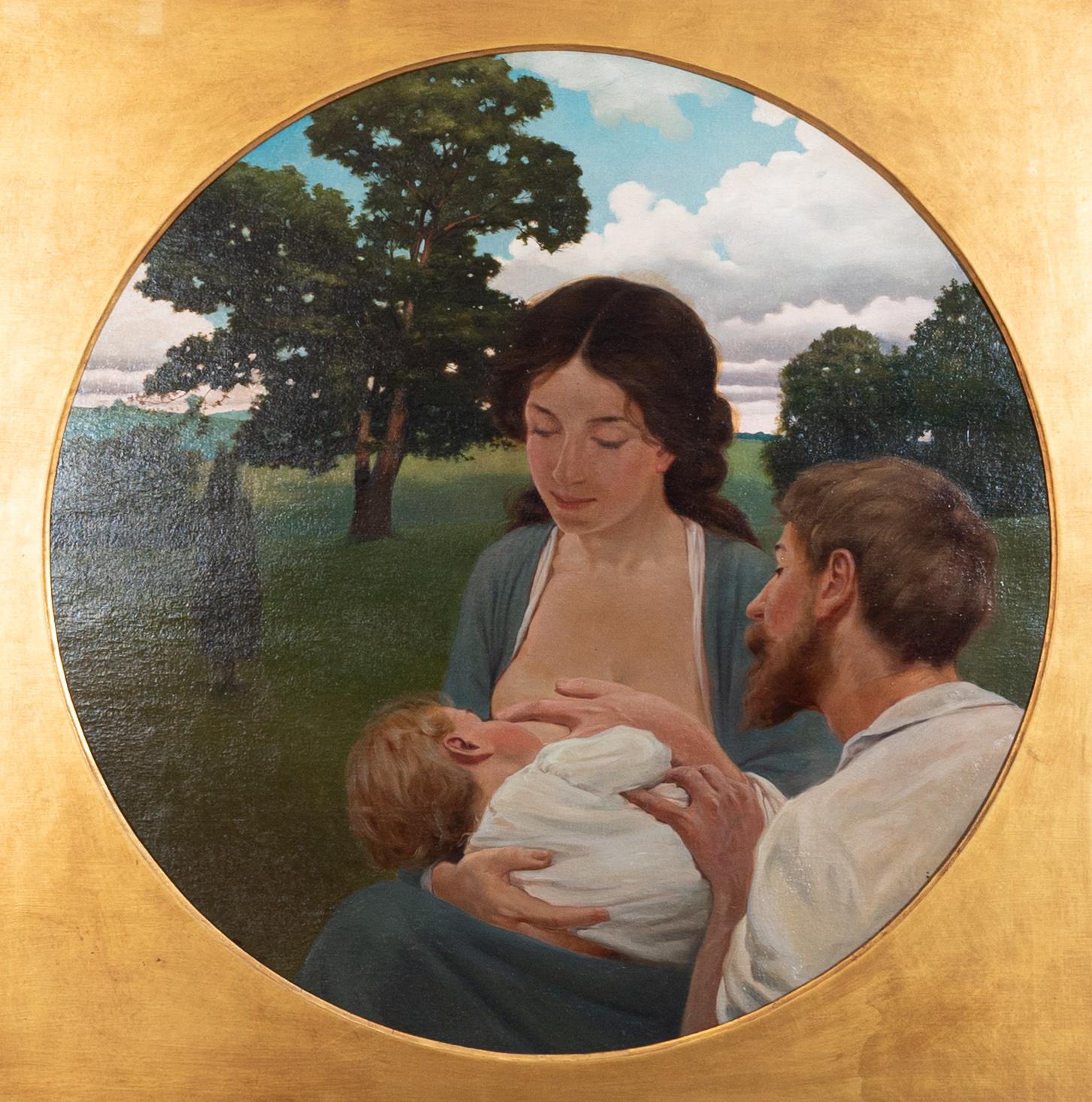 Portrait Painting di Frank von der Lancken - Ritratto ad olio su tela dell'artista stesso, di sua moglie e del figlio neonato