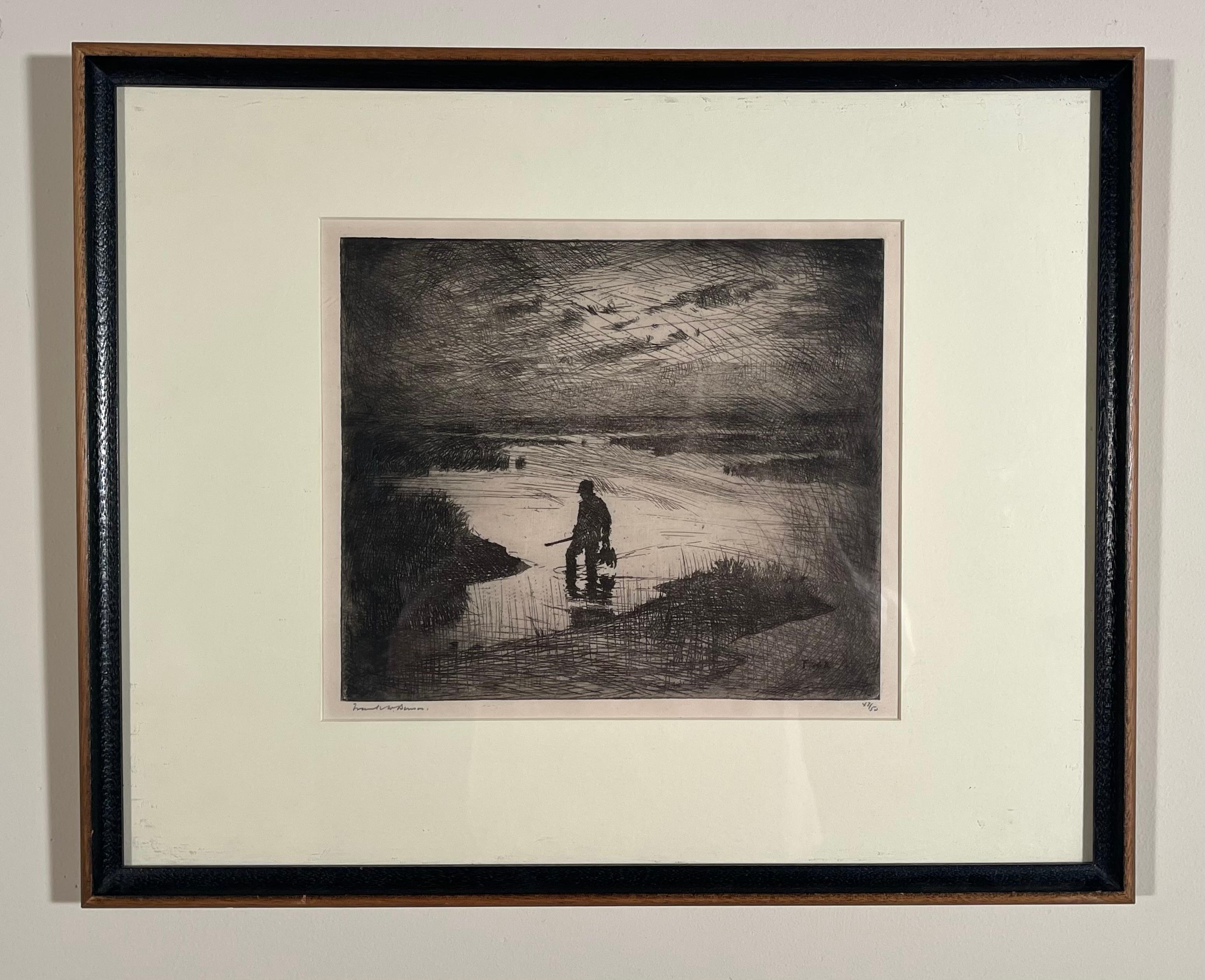 Benson, Frank. DUSK. P.34. Etching on zinc, 1914. Edition of 50, signed and numbered 47/50 in pencil. 9 1/4 x 10 7/8 inches, plate, framed to 17 x 21 inches.
This atmospheric image, showing a hunter with a gun and brace of birds wading to shore as