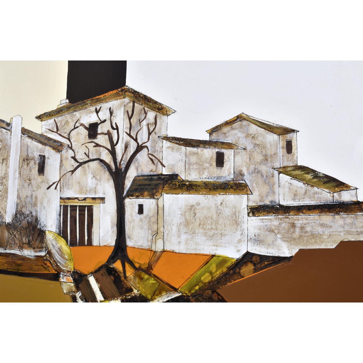 Frank Walcutt 37 Inch Square Mid-Century Modern Surreal Homestead Painting In Excellent Condition For Sale In Chattanooga, TN