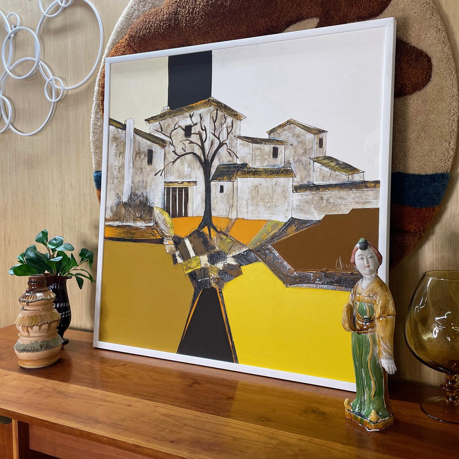 Late 20th Century Frank Walcutt 37 Inch Square Mid-Century Modern Surreal Homestead Painting For Sale