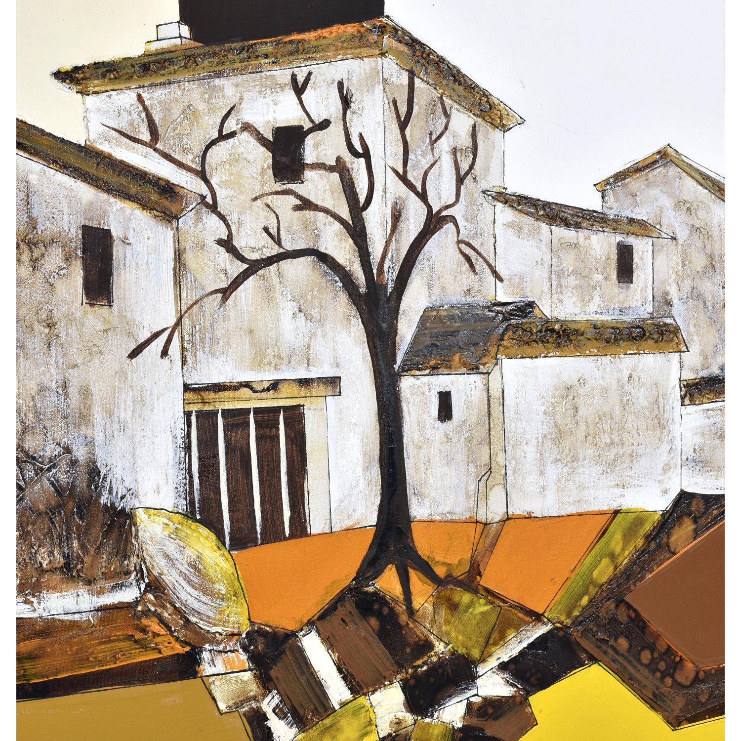 Frank Walcutt 37 Inch Square Mid-Century Modern Surreal Homestead Painting For Sale 1