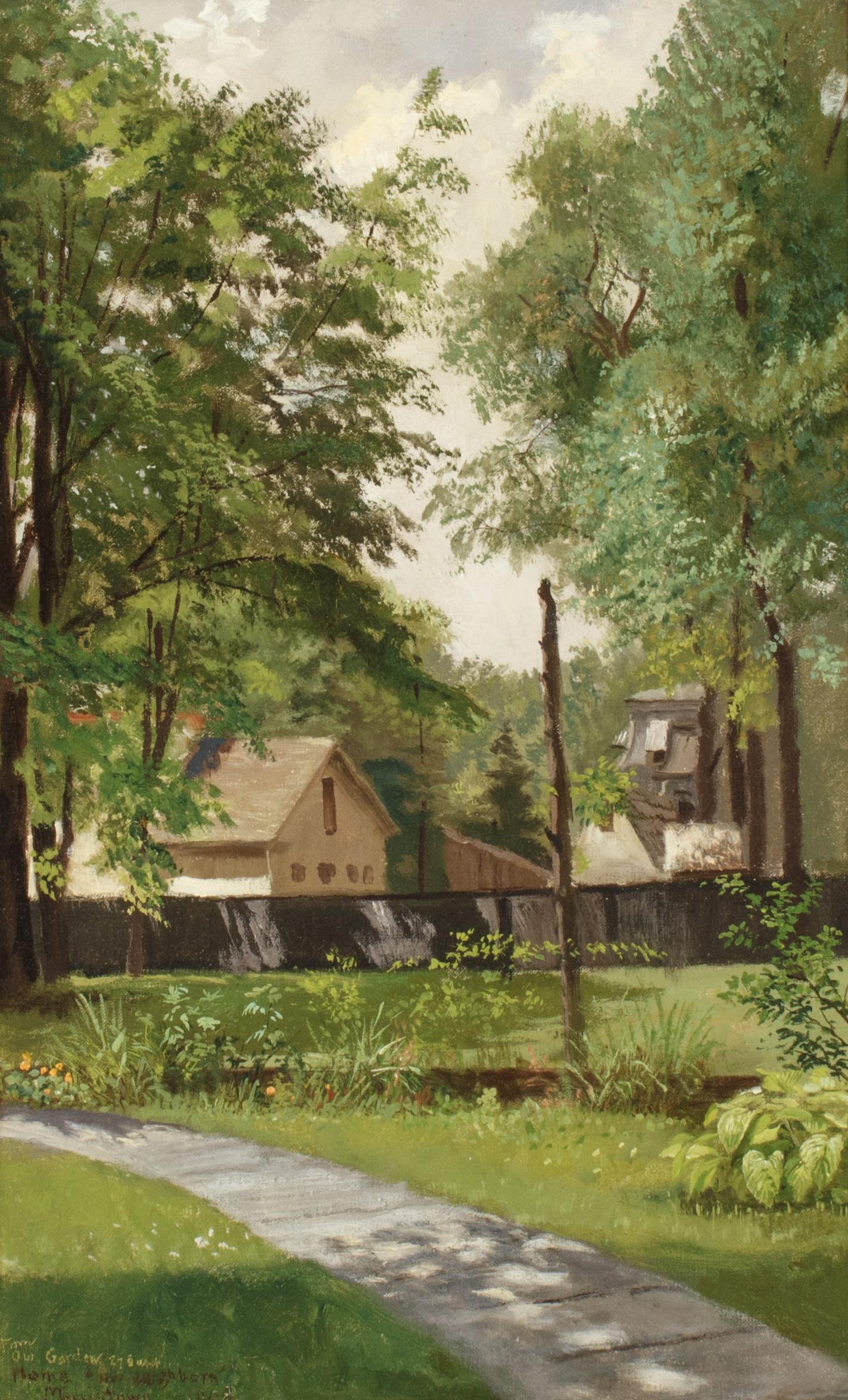 Oil painting of a House and Garden, Morristown, New Jersey in 1908 - Realist Painting by Frank Waller
