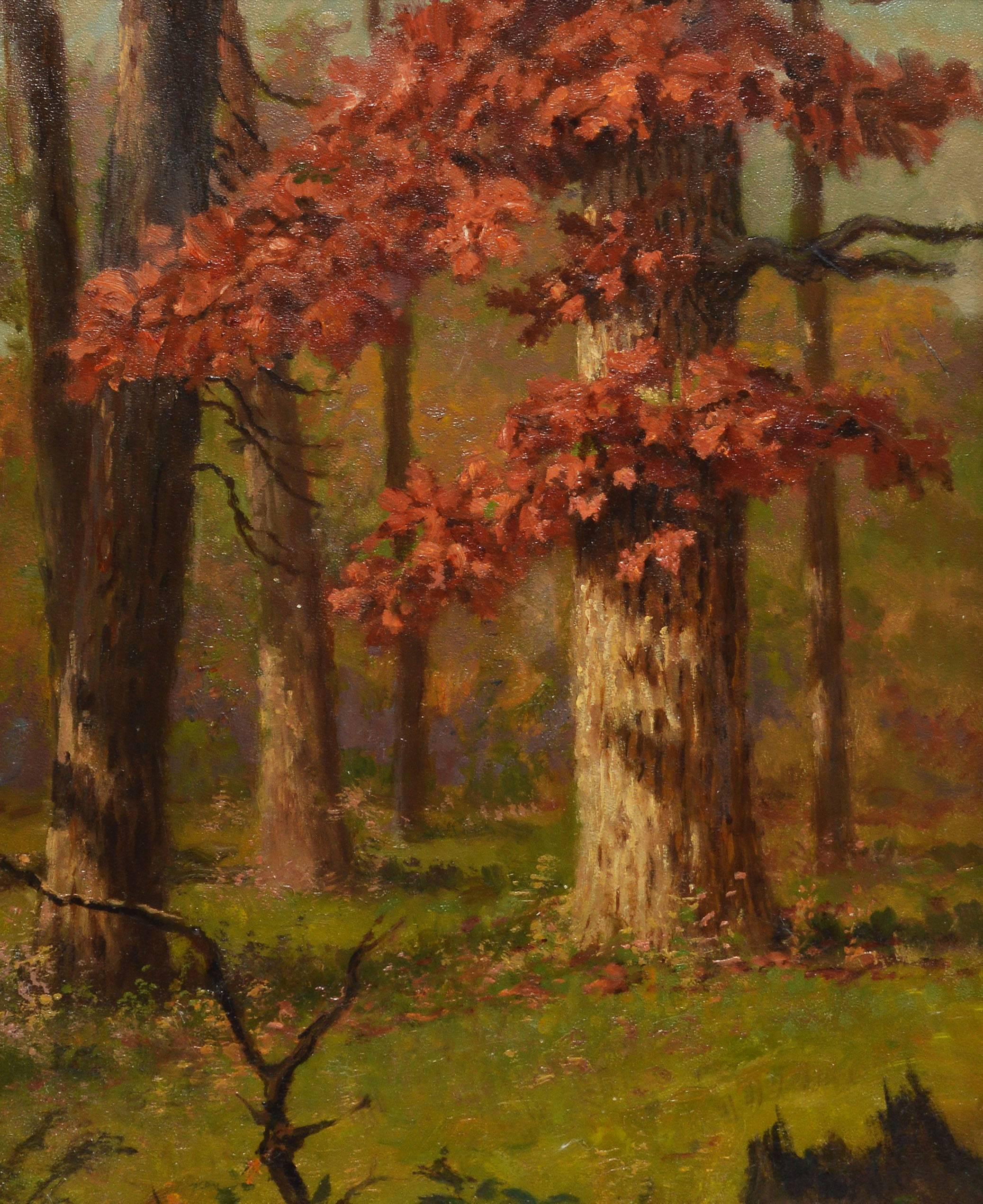 Impressionist view of a sunlit forest by Frank Waller  (1842 - 1923).  Oil on board, circa 1880.  Signed lower right.  Displayed in a giltwood frame.  Image size, 12