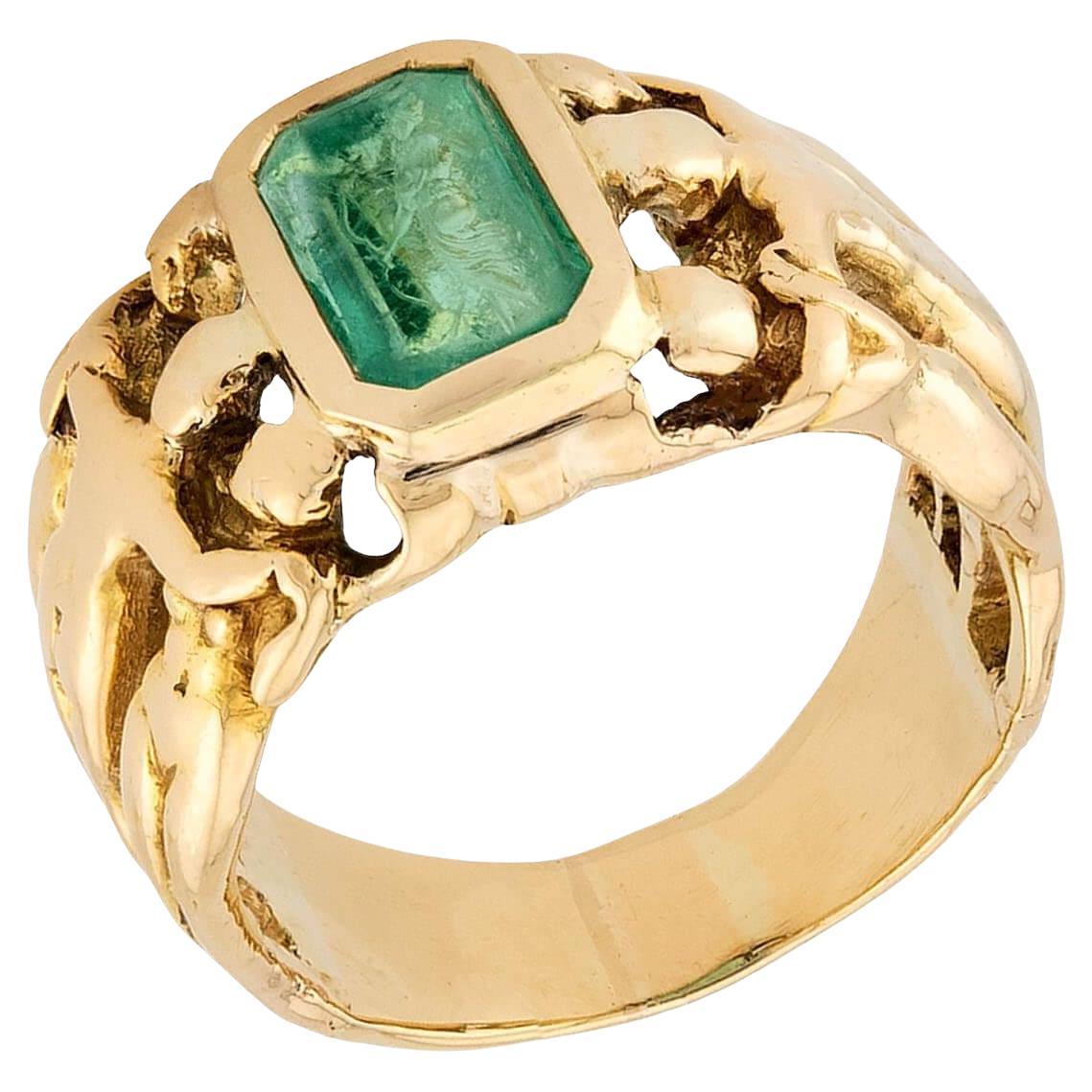 Frank Walter Lawrence Anello in stile Art Nouveau 18k con smeraldo intagliato