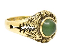 Frank Walter Lawrence Art Nouveau Jade Cabochon 14 Karat Gold Pine Cone Ring