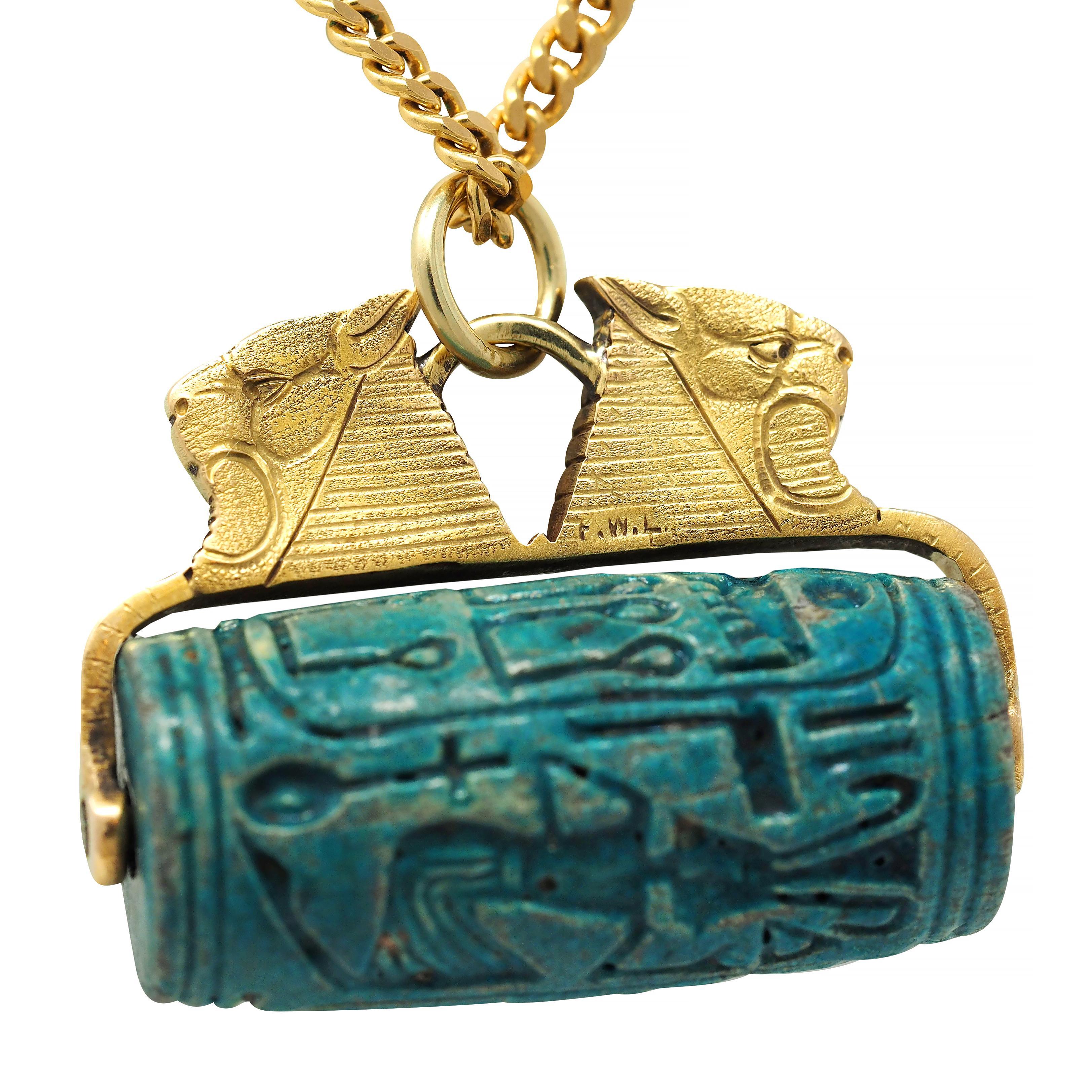 Frank Walter Lawrence Hardstone 18K Gold Antique Egyptian Sphinx Seal Necklace For Sale 7