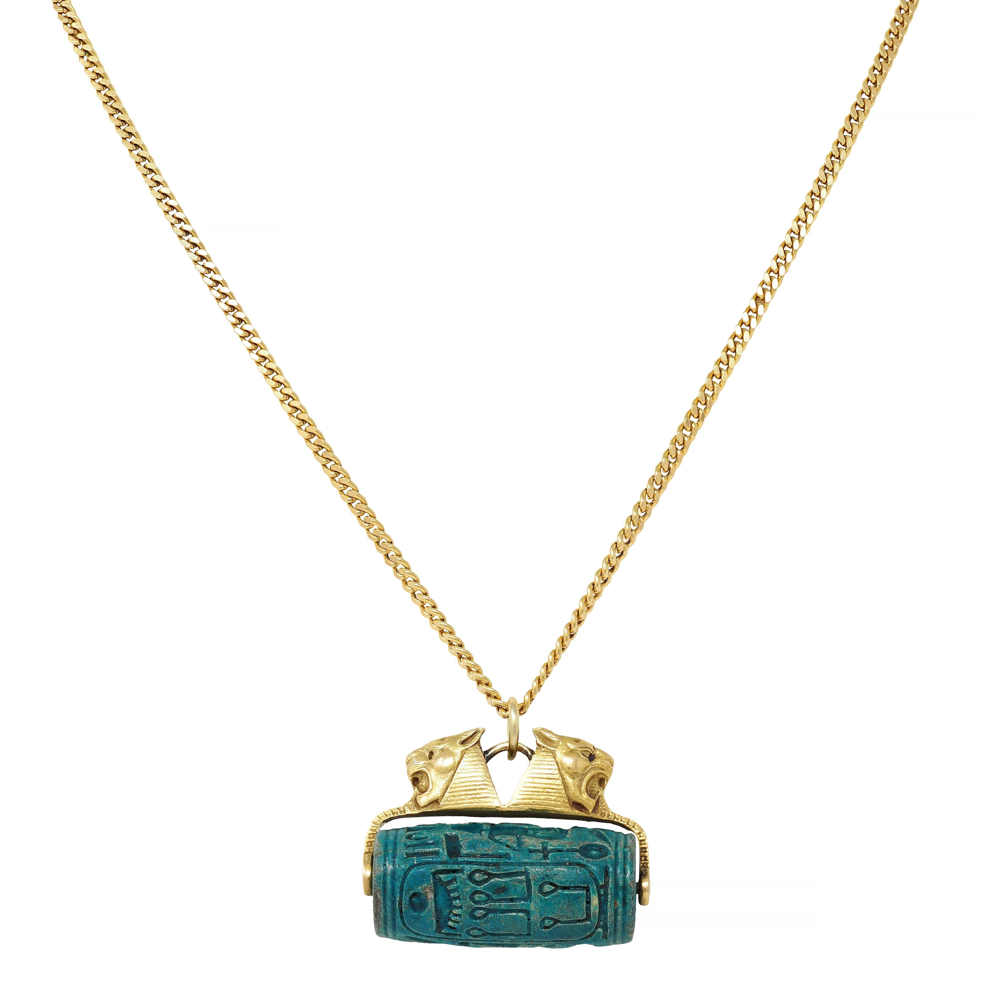 Egyptian Revival Frank Walter Lawrence Hardstone 18K Gold Antique Egyptian Sphinx Seal Necklace For Sale