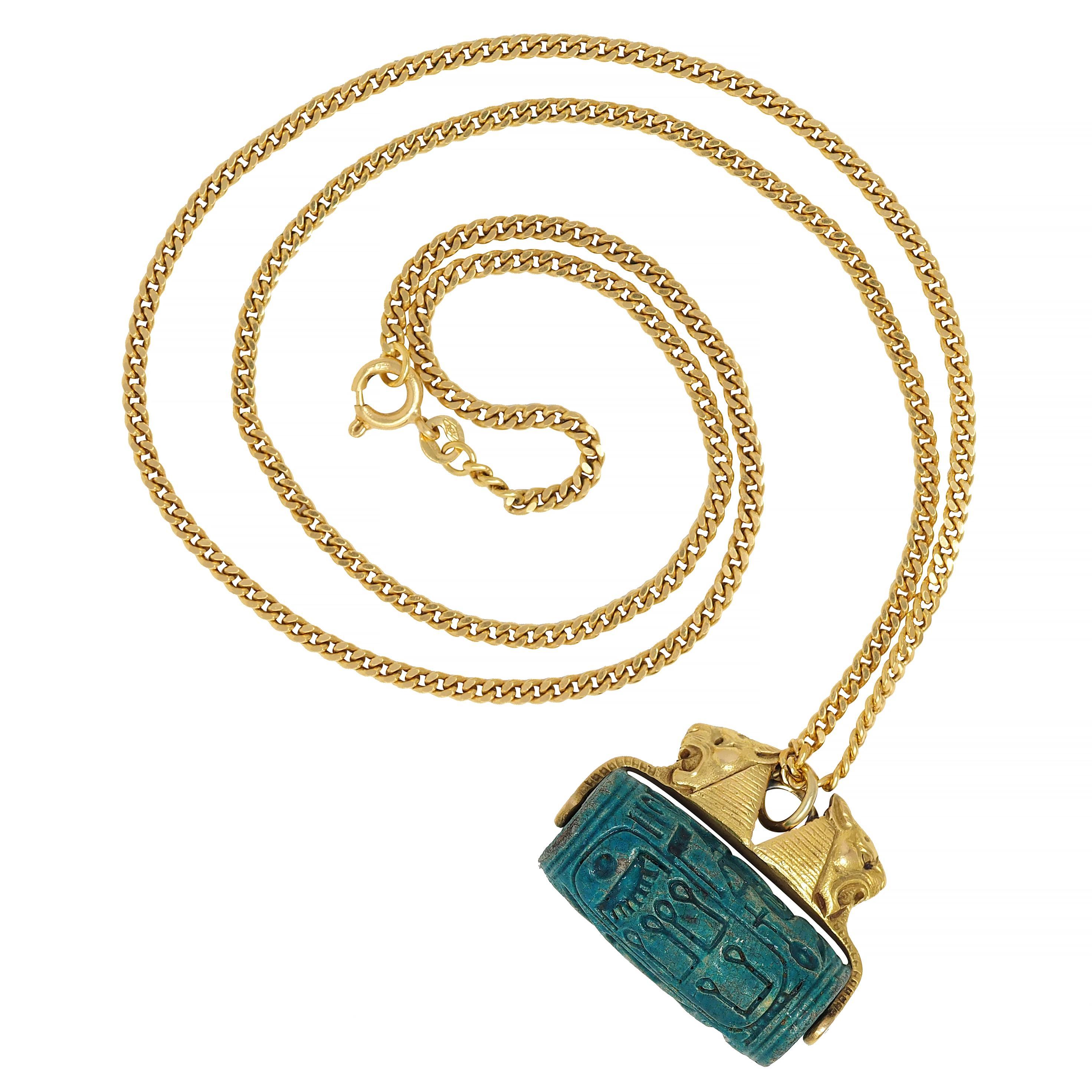 Bead Frank Walter Lawrence Hardstone 18K Gold Antique Egyptian Sphinx Seal Necklace For Sale
