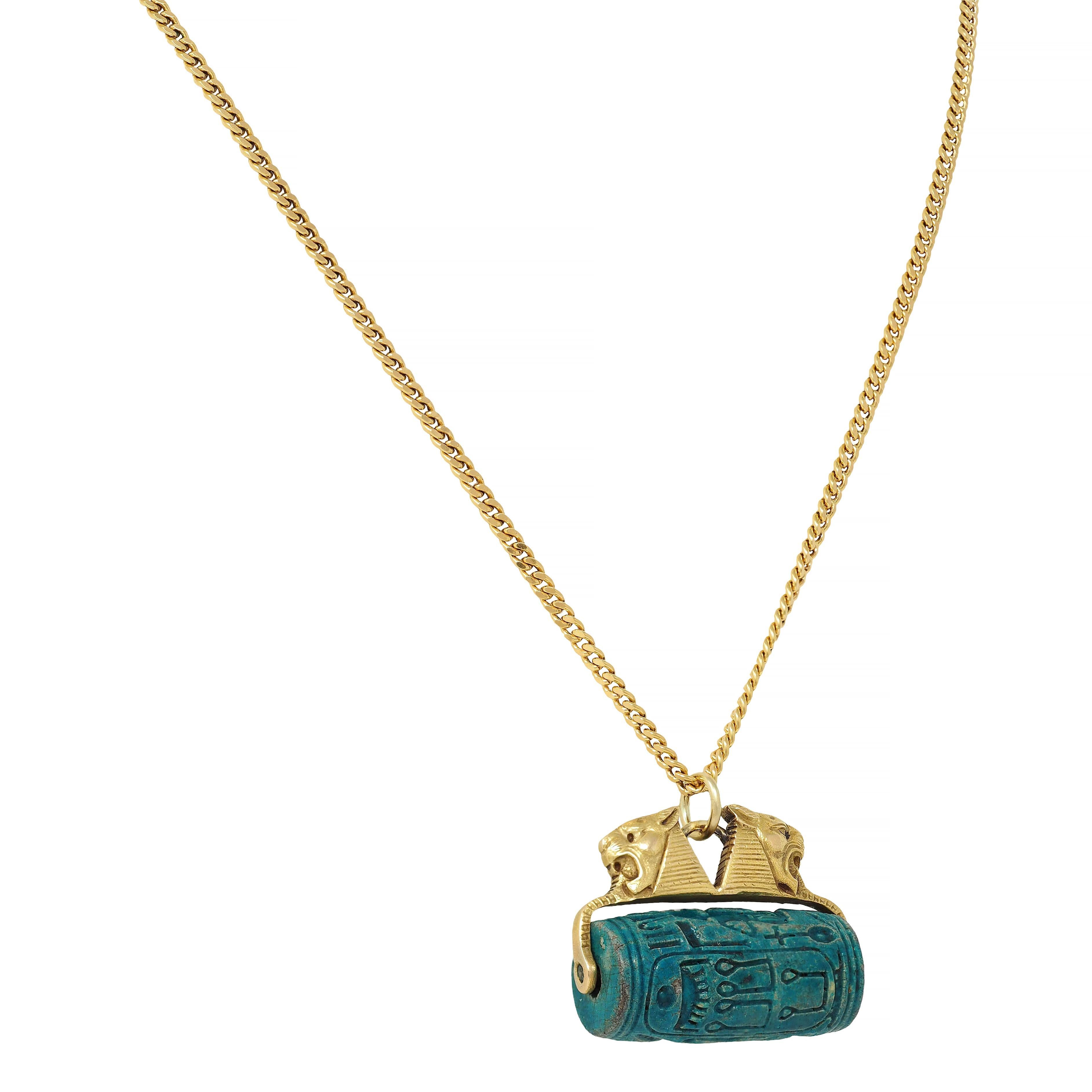 Women's or Men's Frank Walter Lawrence Hardstone 18K Gold Antique Egyptian Sphinx Seal Necklace For Sale