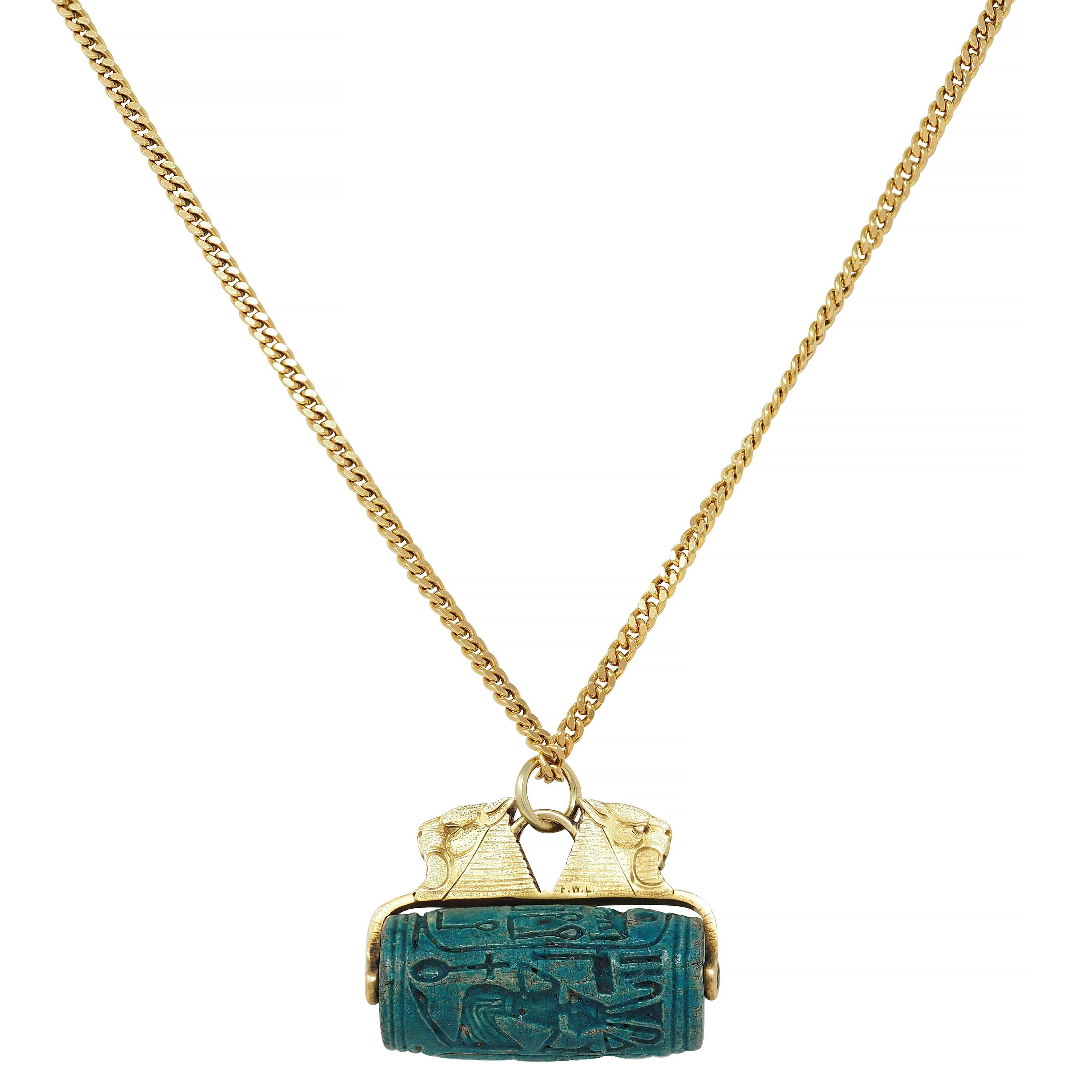 Frank Walter Lawrence Hardstone 18K Gold Antique Egyptian Sphinx Seal Necklace For Sale 1