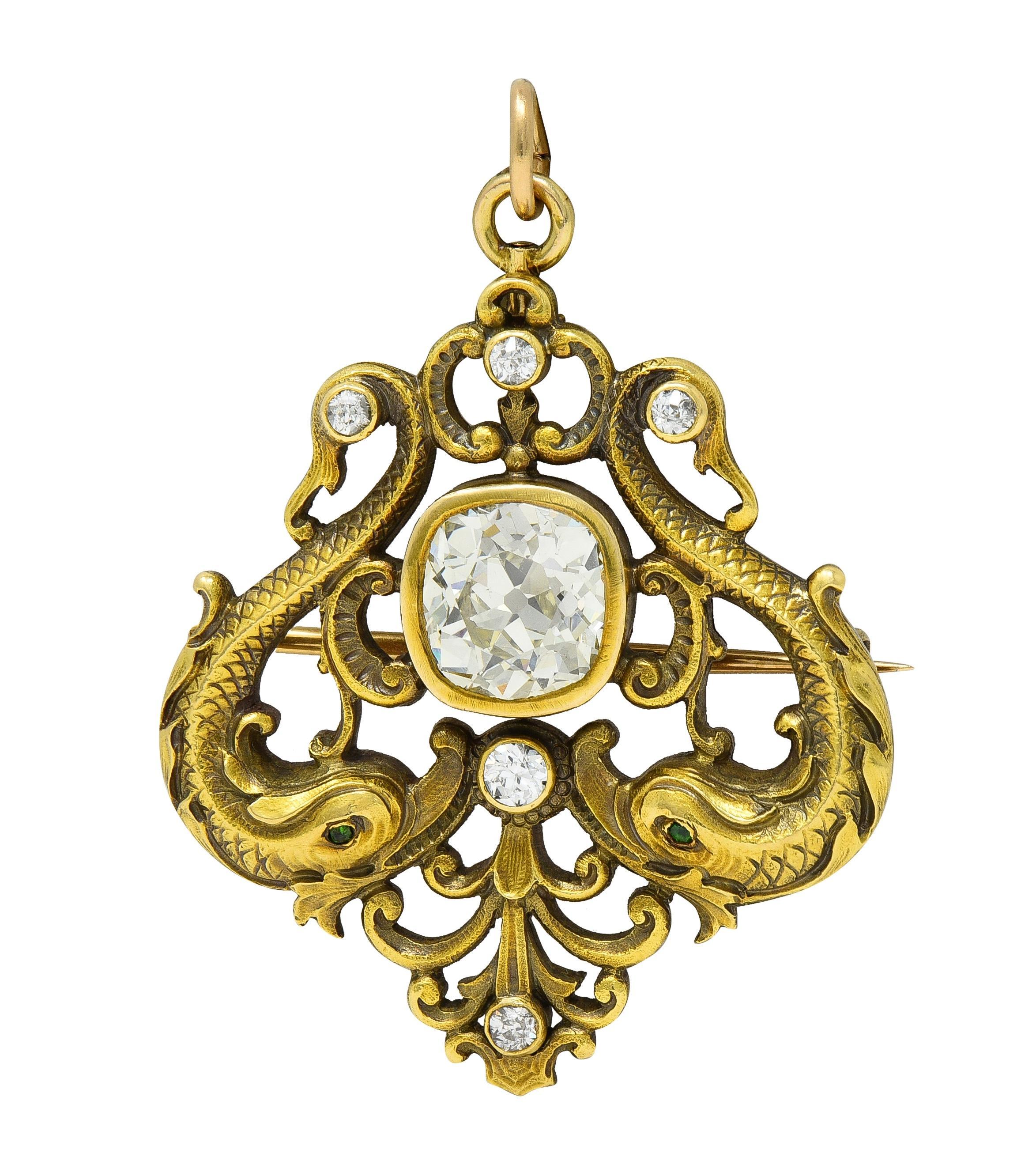 Art nouveau Frank Walter Lawrence Nouveau Broche pendentif serpent ancien en or 14 carats et diamants en vente