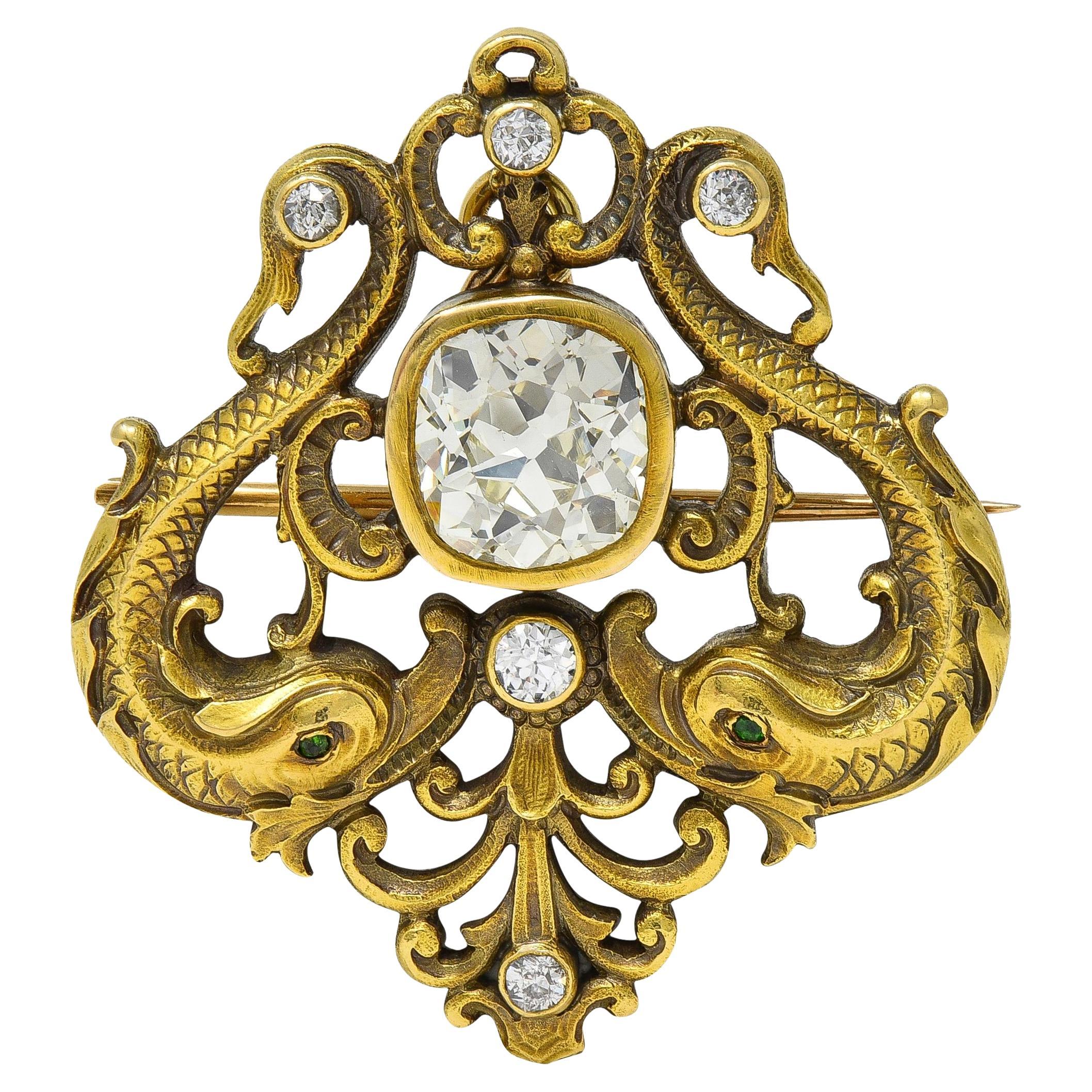 Frank Walter Lawrence Nouveau Diamond 14K Gold Antique Serpent Pendant Brooch