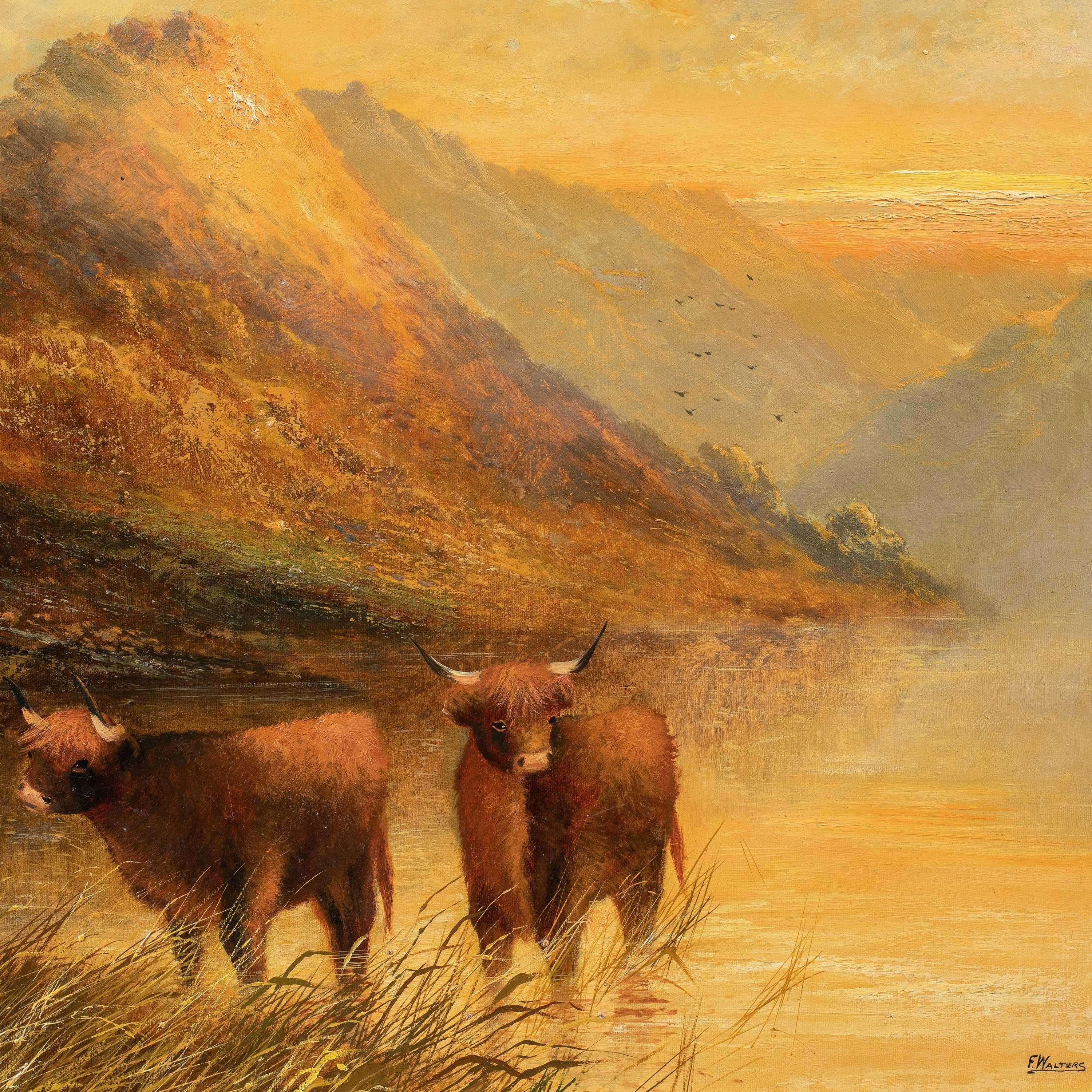 Frank Walters (inglese, fine del XIX secolo) - Bestiame delle Highlands al lago.

51 x 76 cm senza cornice, 57 x 82 cm con cornice.

Antico dipinto a olio su tela, in una cornice di legno dorato.

- Opera firmata in basso a destra: 