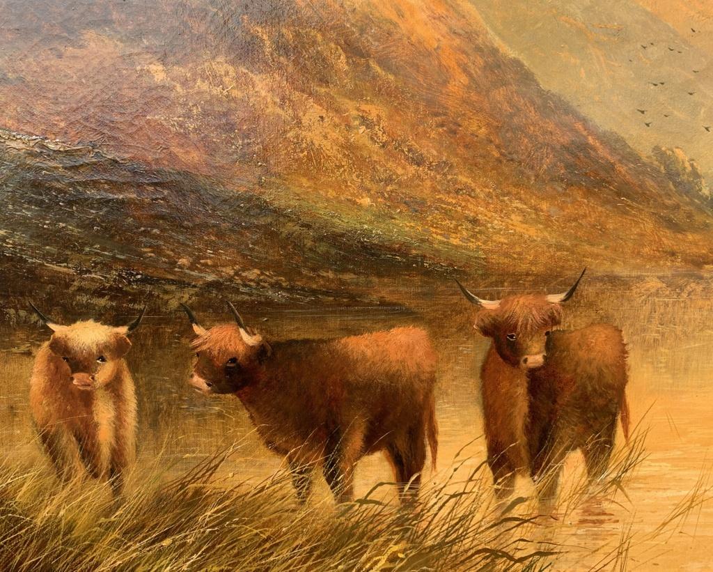 Frank Walters (British, 19th-20th century) - Highland cattle at the lake.

51 x 76 cm without frame, 57 x 82 cm with frame.

Antique oil painting on canvas, in a gilded wooden frame.

- Work signed on the lower right: “F. Walters