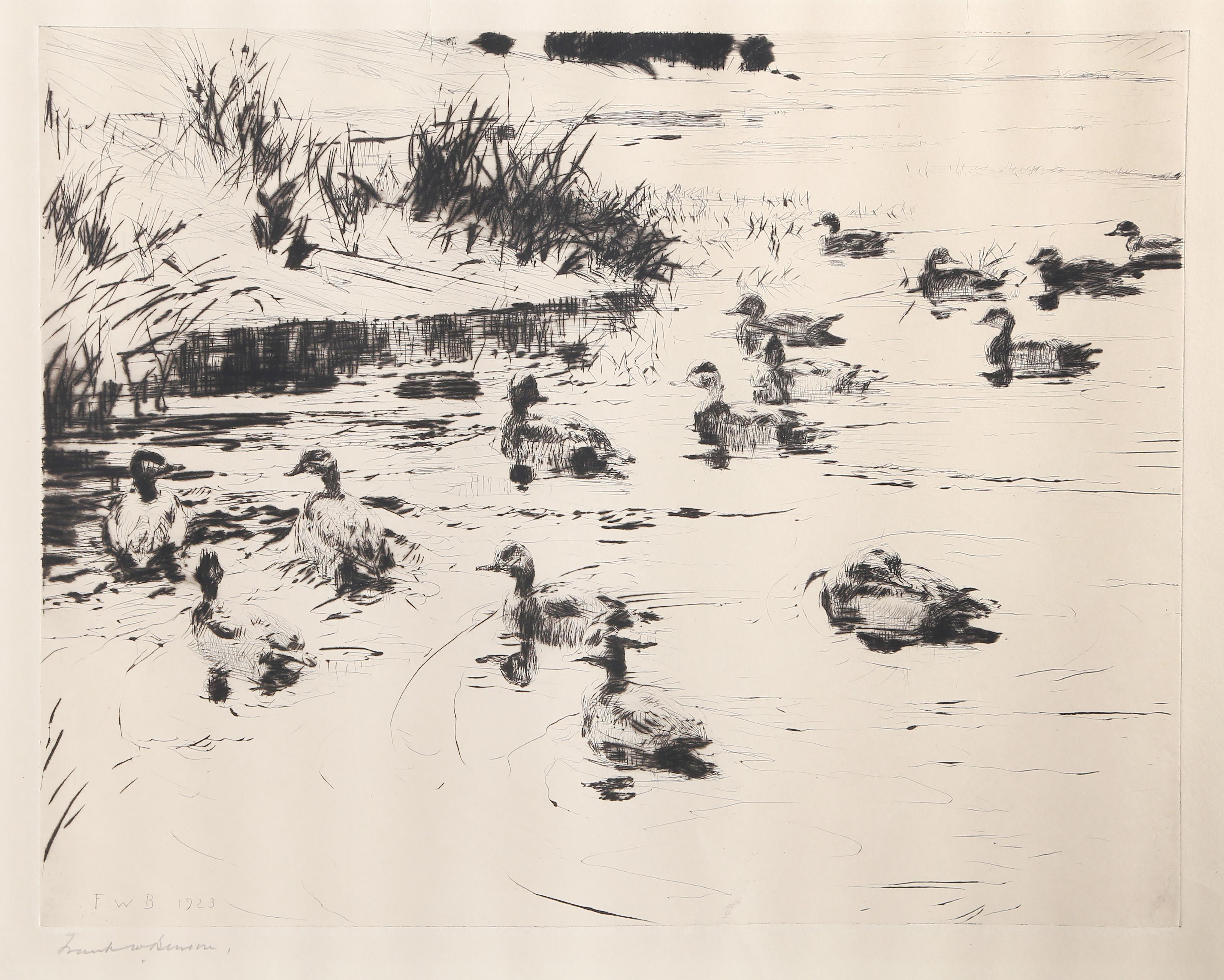 Patos en el lago
Frank Weston Benson, estadounidense (1862-1951)
Fecha: 1923
Aguafuerte sobre papel de trama fina, firmado a lápiz y fechado en la plancha
Tamaño de la imagen: 11 x 14 pulgadas
Tamaño: 35,56 x 41,91 cm (14 x 16,5 pulg.)