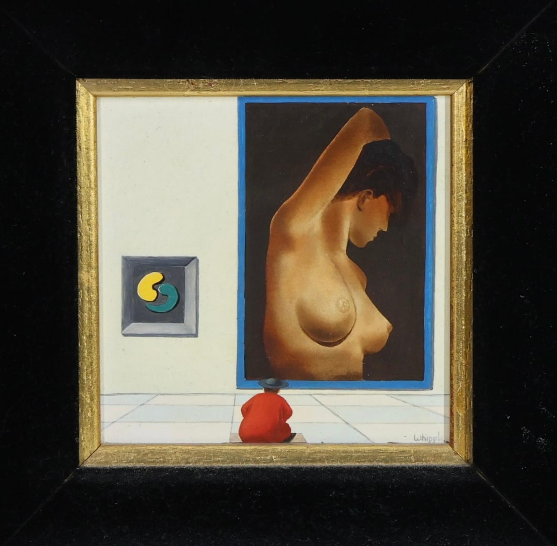 Une peinture fantaisiste du célèbre artiste californien Frank Whipple (1923-2016).
Elle représente un moine ? Setae din un musée admirant une peinture de femme nue.Frank Whipple est assez connu pour ses images fantaisistes de nonnes et de moines.