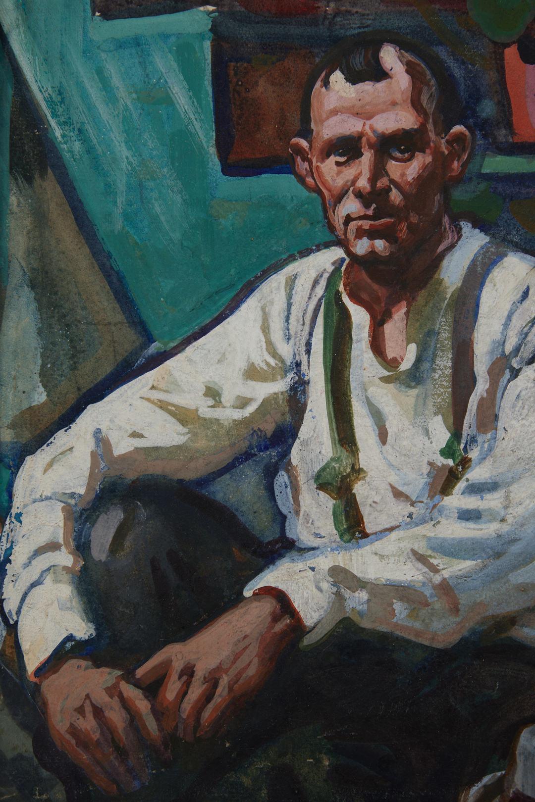 Nel portico sul retro, Brecksville, Ohio, scena regionalista dei primi del Novecento - Portrait Painting Nero di Frank Wilcox
