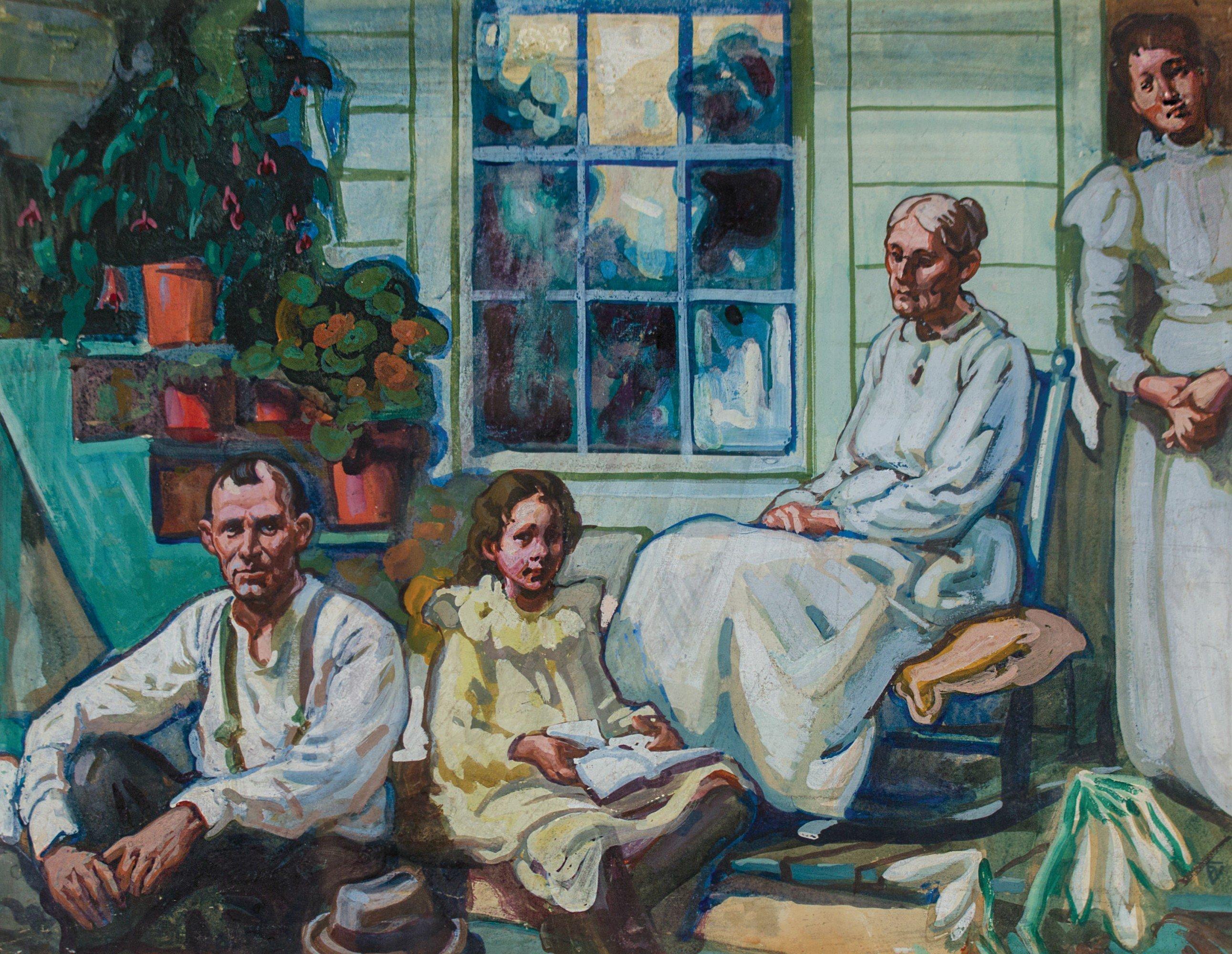 Portrait Painting Frank Wilcox - Sur le porche arrière, Brecksville, Ohio, début du 20e siècle École de Cleveland