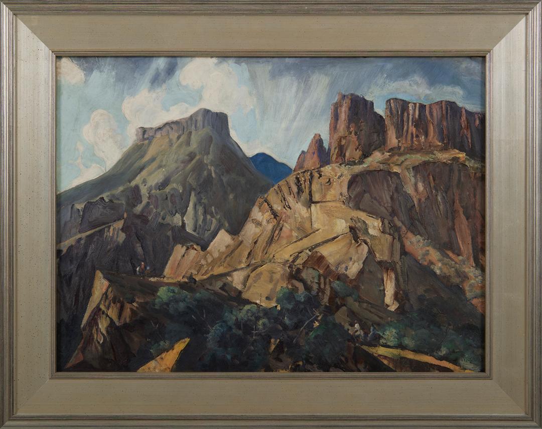 Les cavaliers à travers le Canyon, paysage de l'Ouest du milieu du siècle dernier - Painting de Frank Wilcox