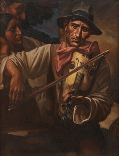 The Stonecutter's Evening, Early 20th Century American Scene Oil, Man w/ Violin