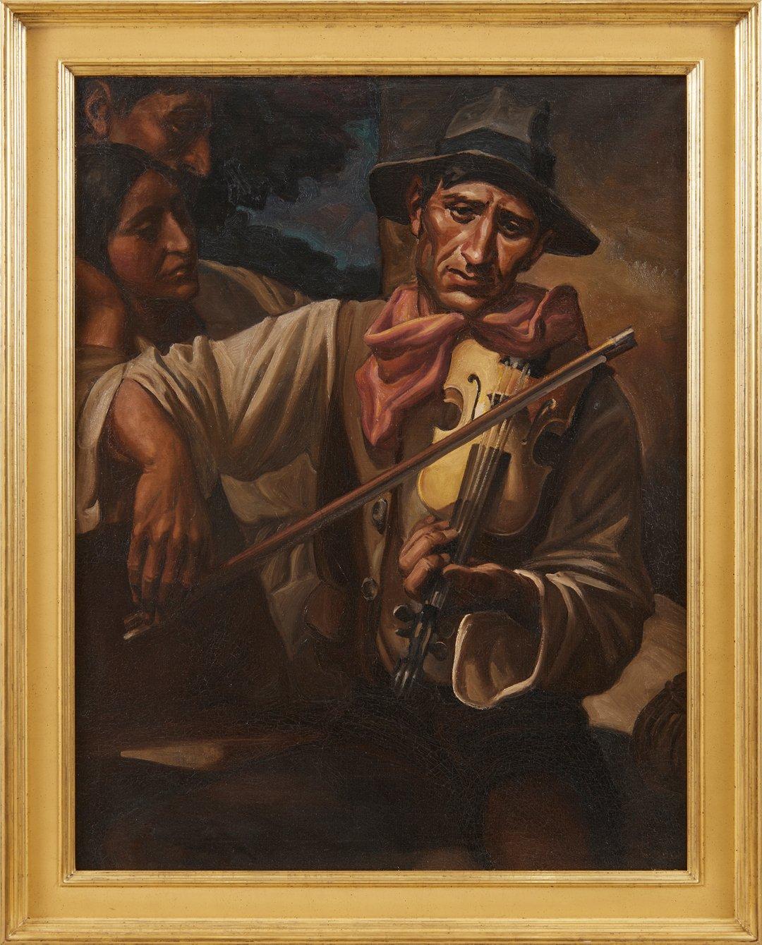 La sera del tagliapietre, scena americana del primo Novecento Olio, uomo con violino
