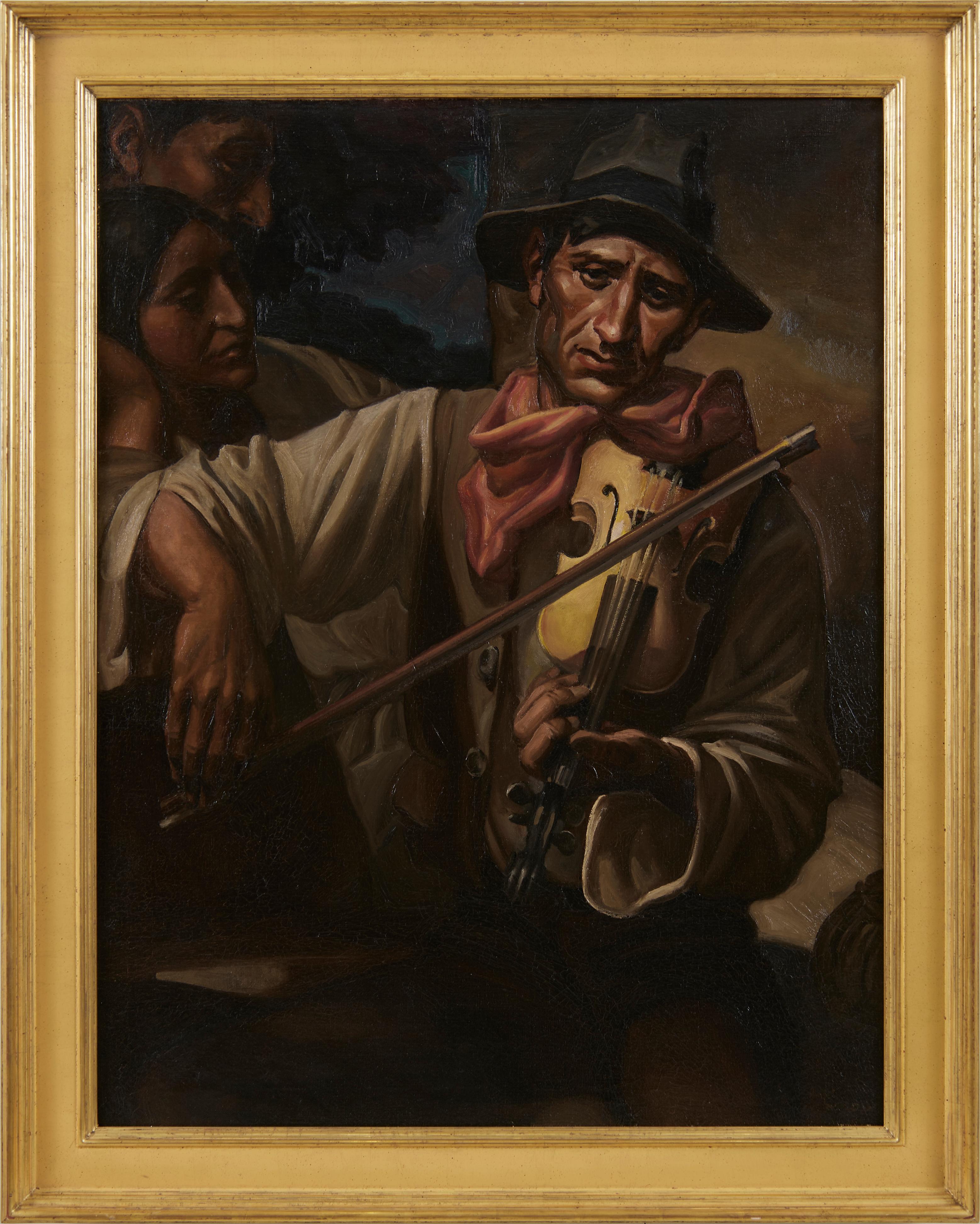 Frank Wilcox Figurative Painting – The Stonecutter
s Evening, amerikanische Szene des Steinmetzes, Öl, Mann mit Violine, frühes 20. Jahrhundert