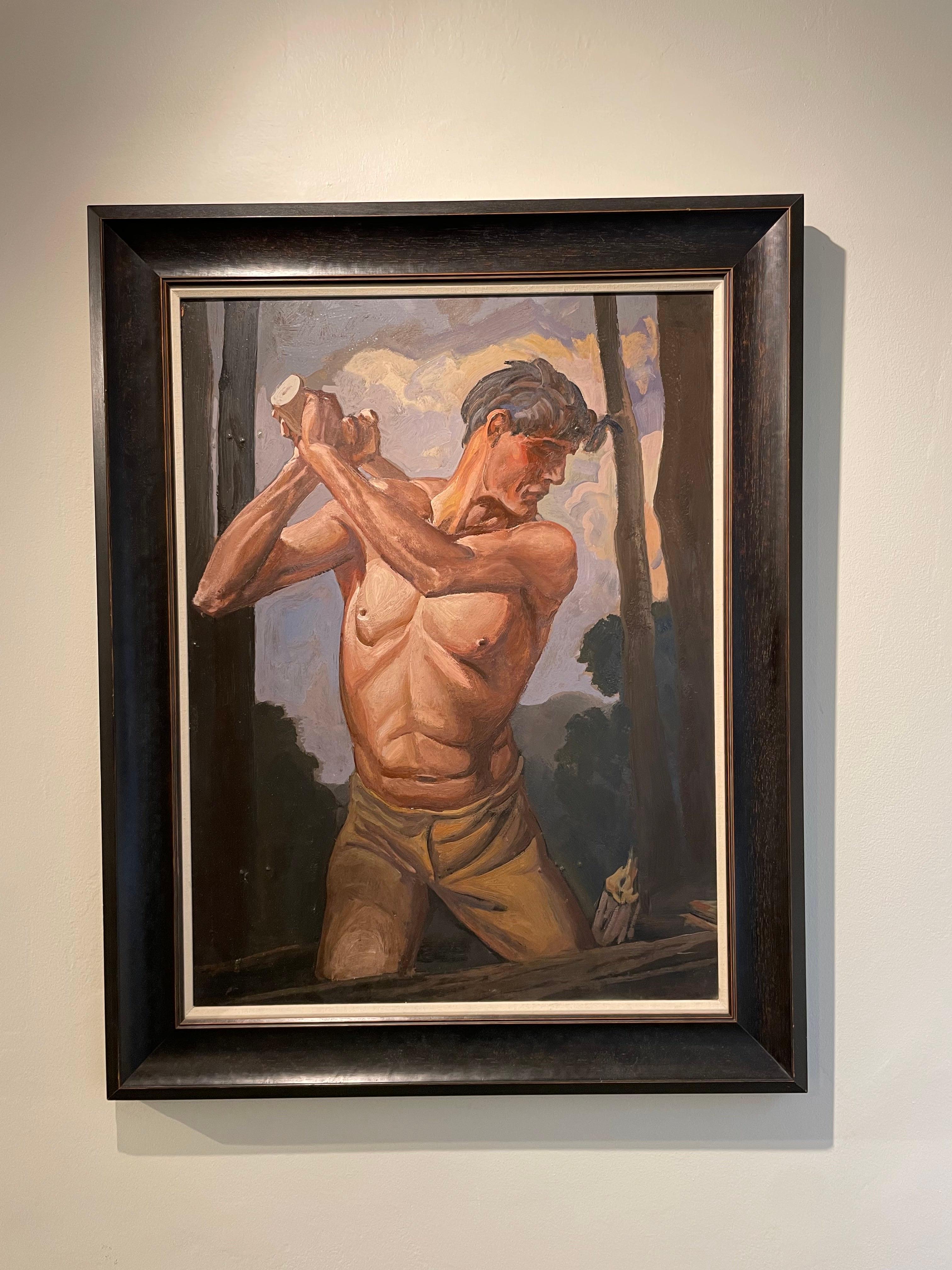 The Wood Chopper, Brecksville, Ohio, Early 20th Century Cleveland School - Black Figurative Painting by Frank Wilcox