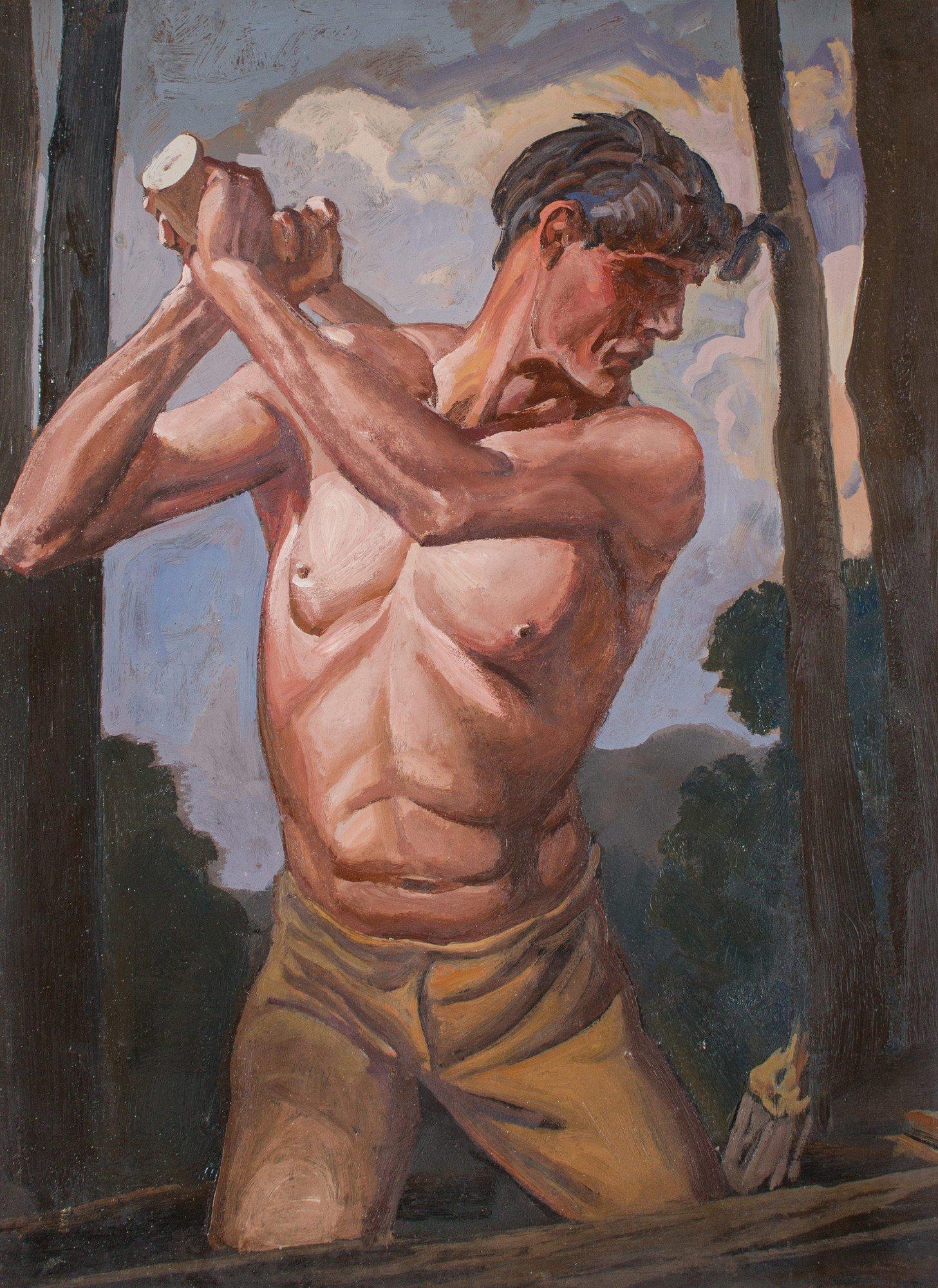 Frank Wilcox Figurative Painting – The Wood Chopper, Brecksville, Ohio, Cleveland School, frühes 20. Jahrhundert