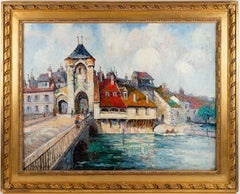 Frank Will, Large Oil on Canvas, View of Bridge of Moret-sur-Loing, circa 1920