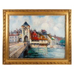 Frank Will, Large Oil on Canvas, View of Bridge of Moret-sur-Loing, circa 1920