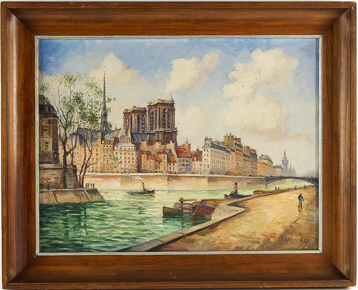 A beautiful and rare oil on canvas sign on a lower right by Frank Will, French, and American painter and watercolorist. Our painting depicts a view of Notre-Dame de Paris seen Banks of Seine, circa 1926.

Our painting is an good condition, original