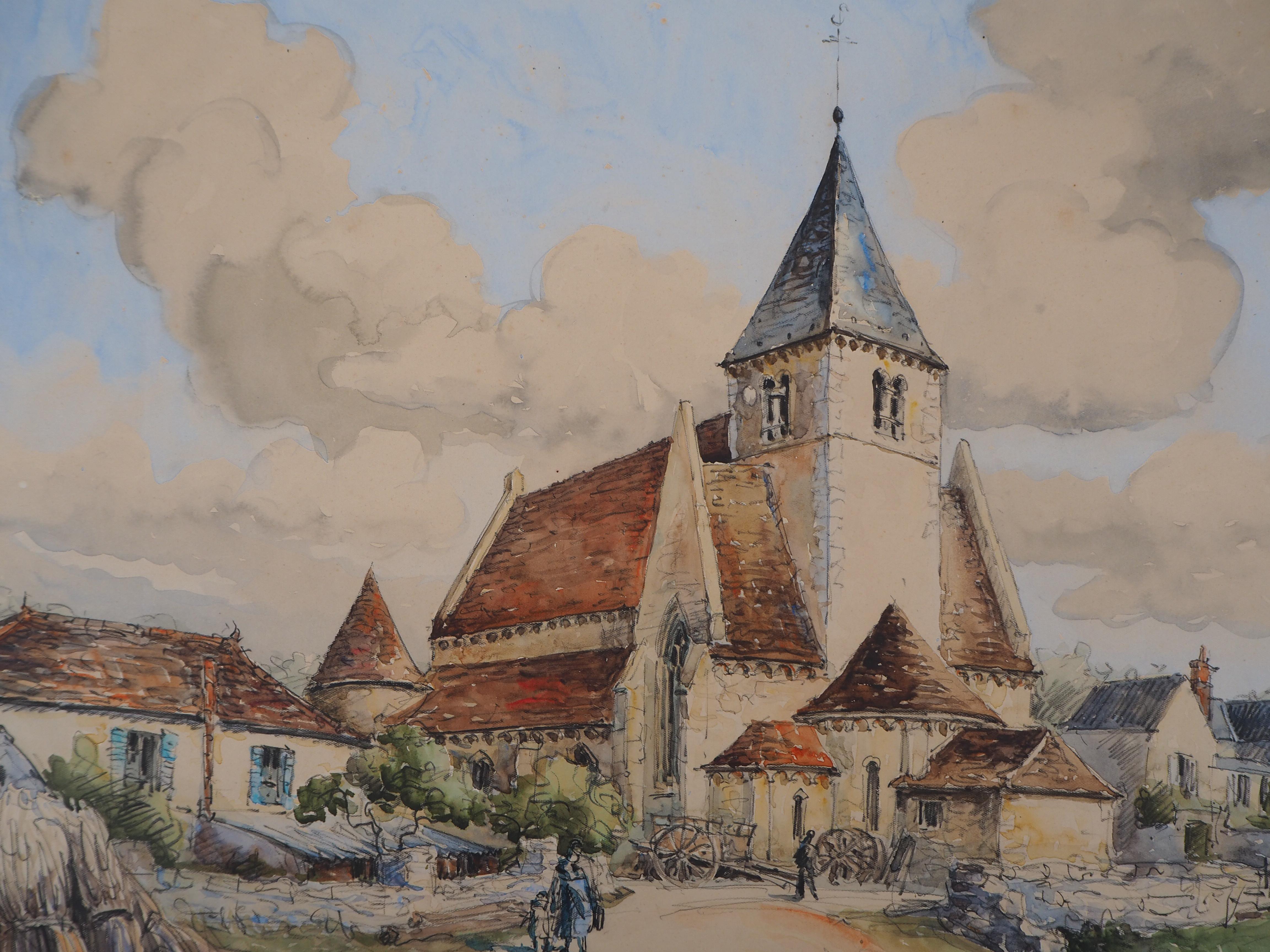 Burgundy : The Roman Church of Druyes - Original watercolor, Handsigned - Modern Print by Frank Will
