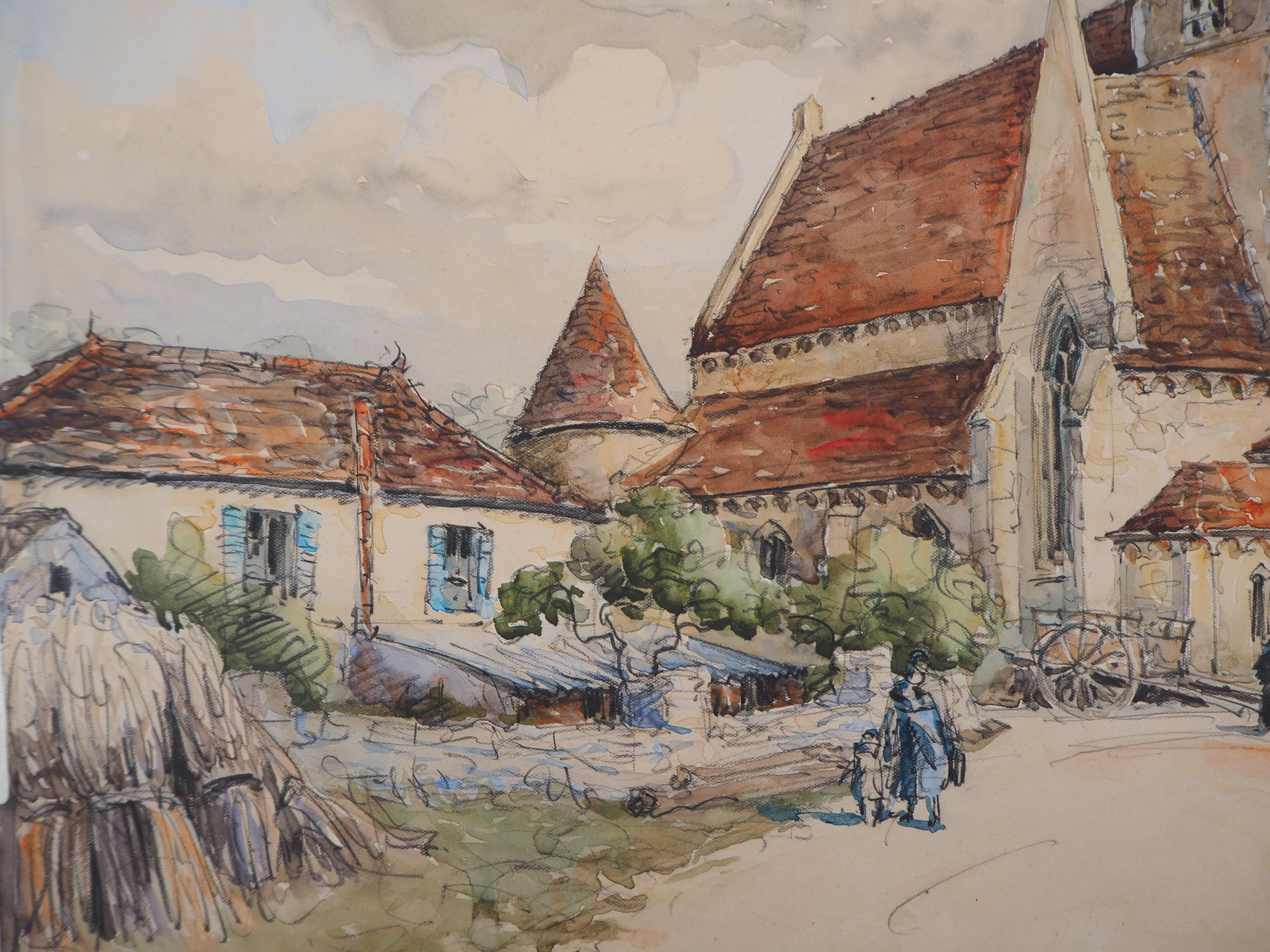 Burgundy : The Roman Church of Druyes - Original watercolor, Handsigned - Brown Landscape Print by Frank Will