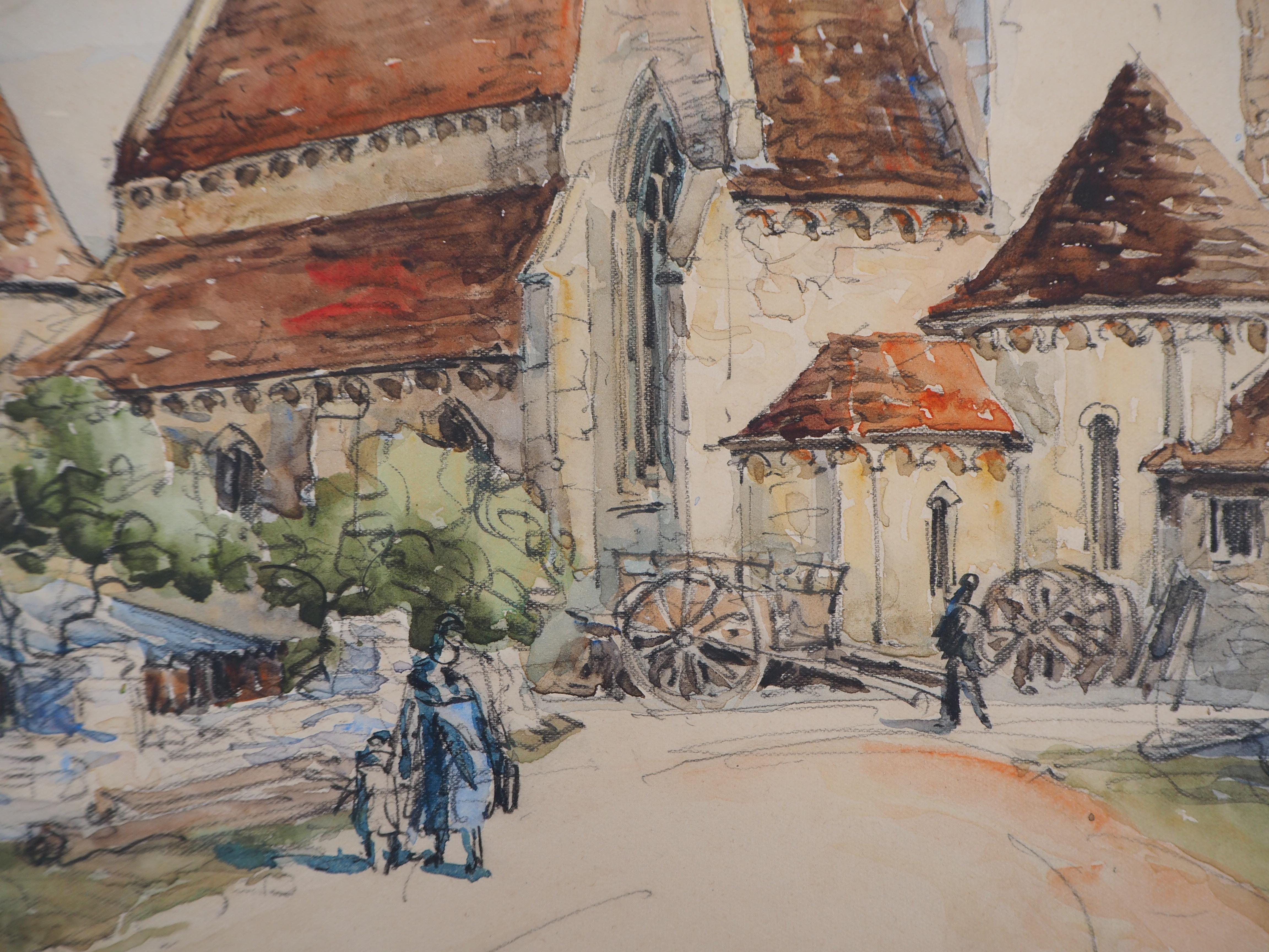 Frank WILL
Burgundy : The Roman Church of Druyes 

Original watercolor
Handsigned bottom left
Dated 1944
On paper 42 x 50 cm (c. 17 x 20 inch)

Excellent condition, minor defects at the edge of the sheet