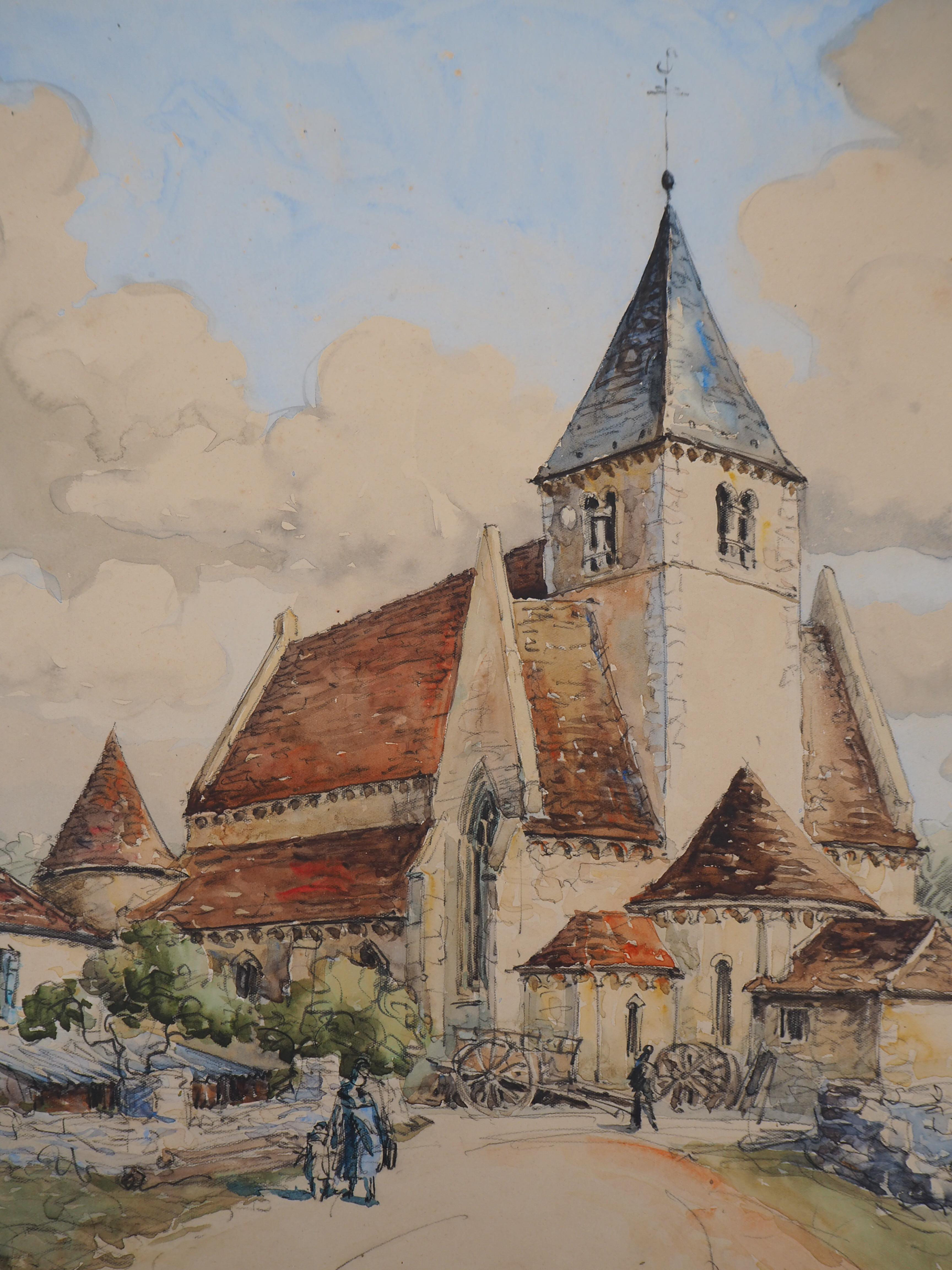 Burgundy : The Roman Church of Druyes - Original watercolor, Handsigned 1