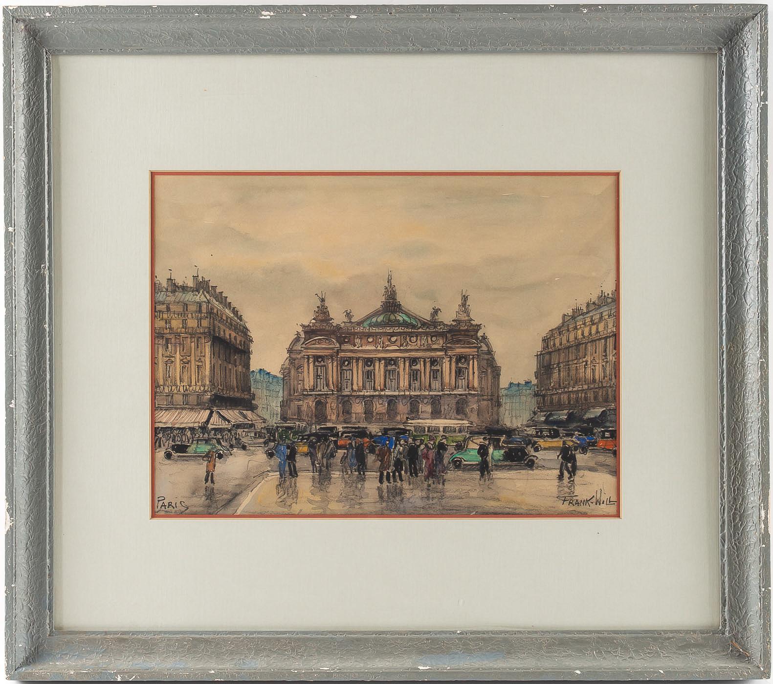 Frank will, watercolor, La Place de l’Opéra in Paris, circa 1930s. 

A beautiful watercolor sign on a lower right by Frank Will, French, and American painter and watercolorist. Our watercolor depicting the opera square in Paris in the