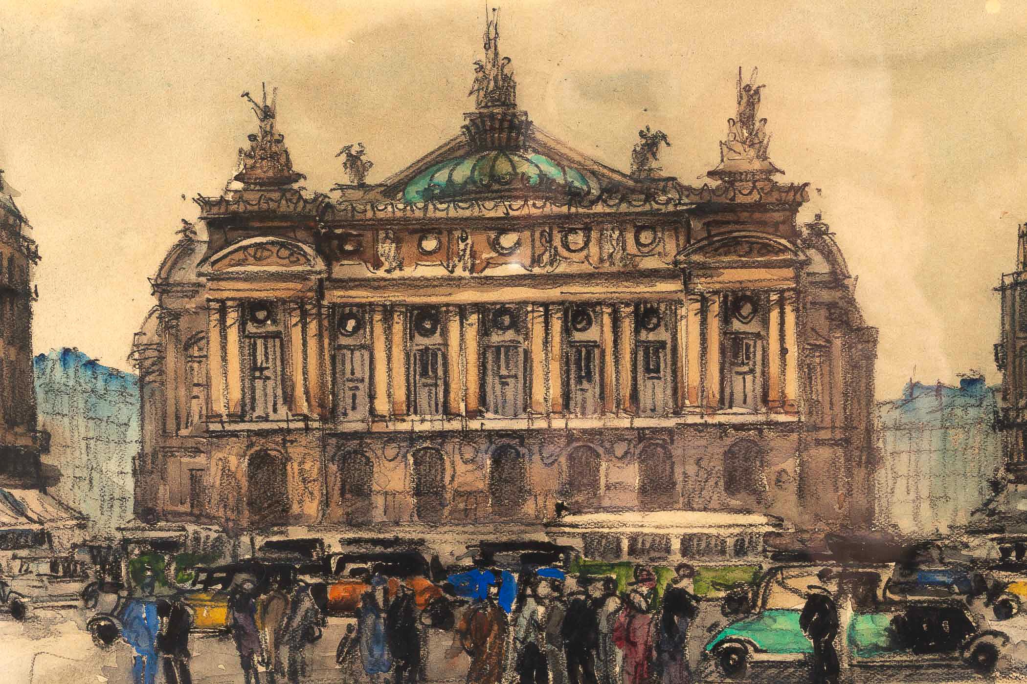 Painted Frank Will, Watercolor, La Place de l’Opéra in Paris, circa 1930s For Sale