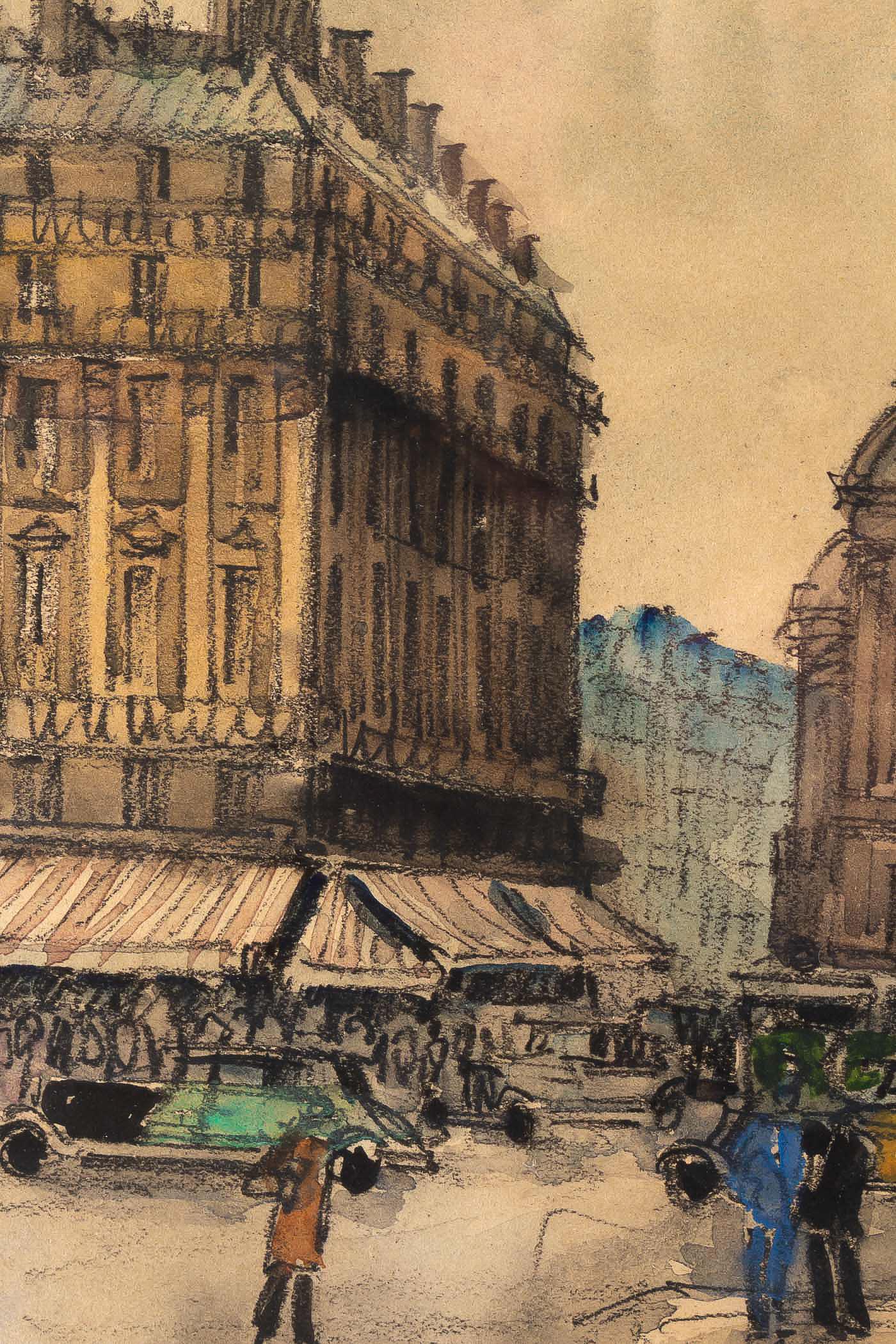 20th Century Frank Will, Watercolor, La Place de l’Opéra in Paris, circa 1930s For Sale