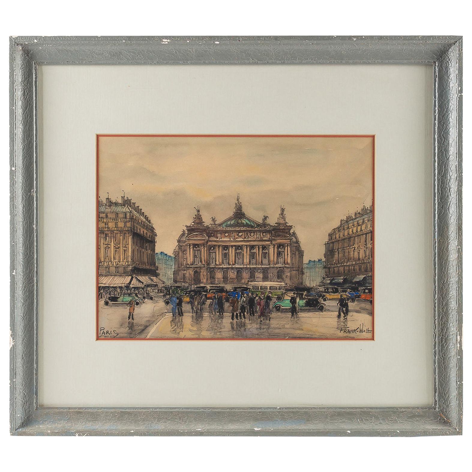 Frank Will, Watercolor, La Place de l’Opéra in Paris, circa 1930s For Sale