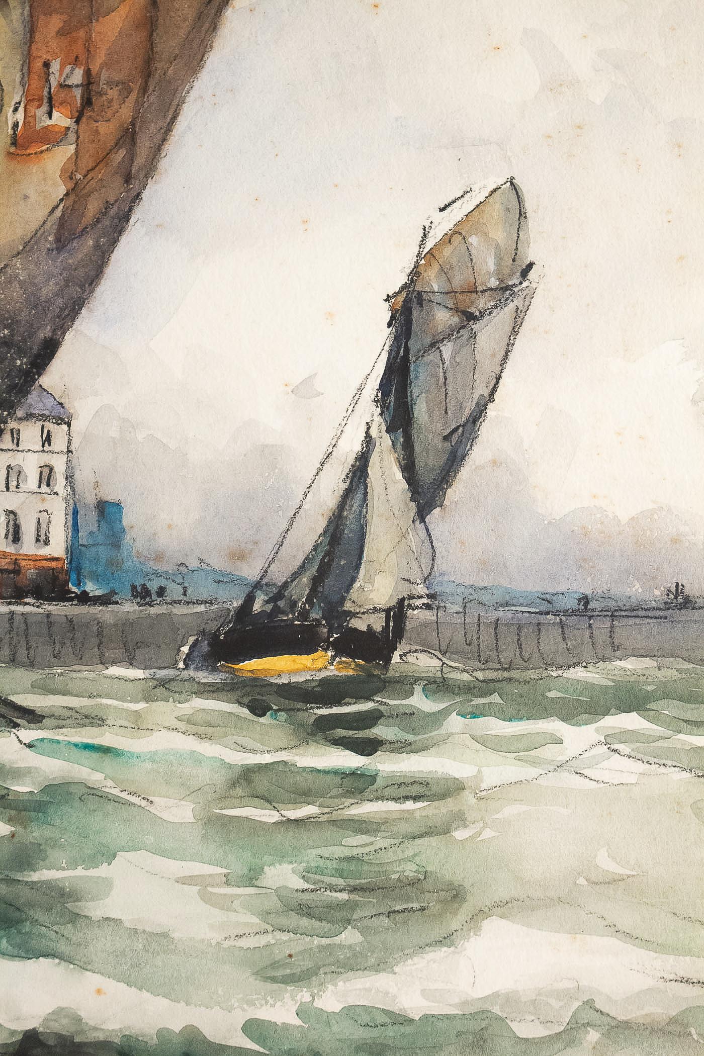 Frank Will, Watercolor, View of Honfleur, circa 1930s For Sale 3