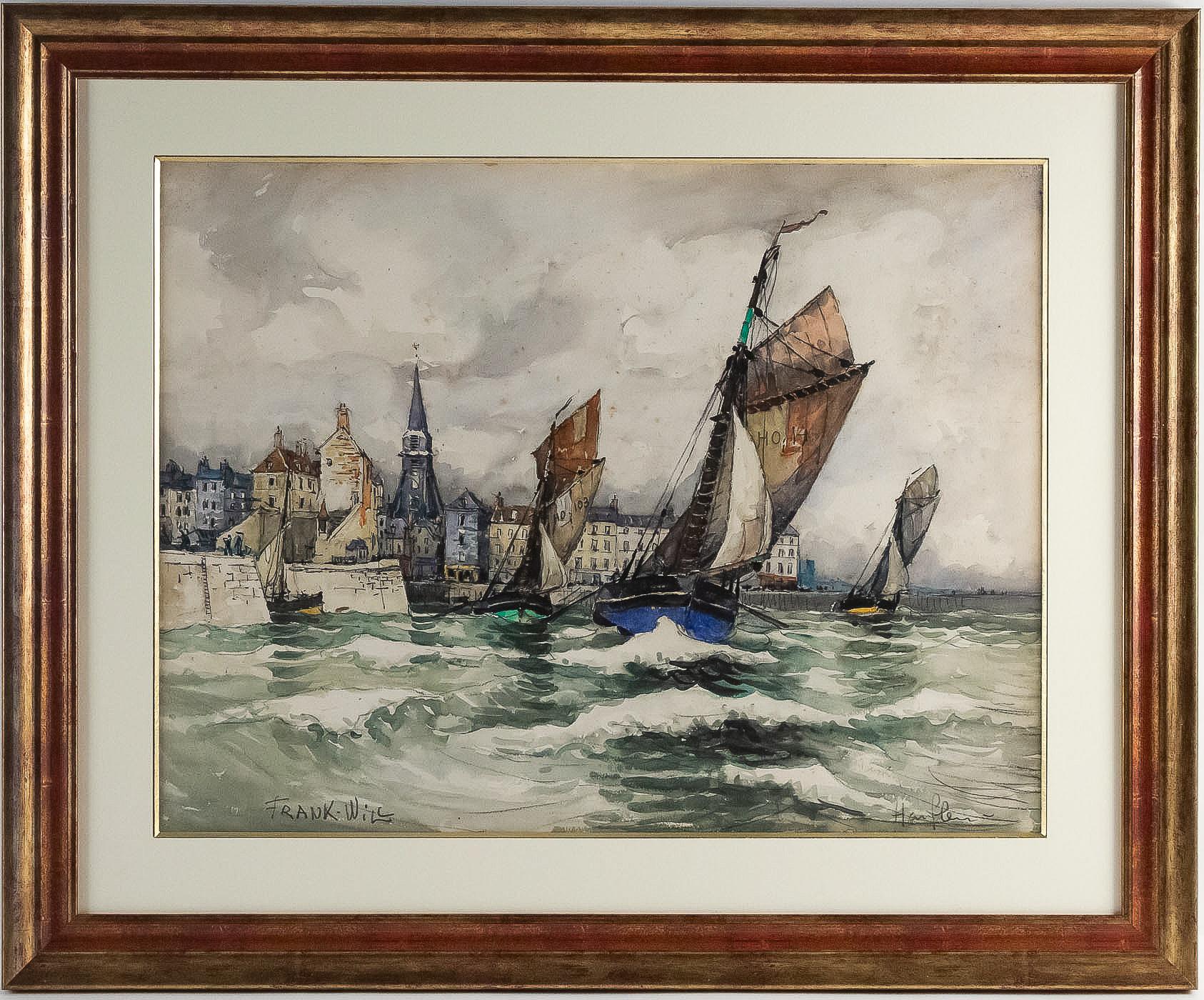 Frank Will, watercolor, View of Honfleur, circa 1930s.

A beautiful watercolor sign on a lower left by Frank Will, French, and American painter and watercolorist. Our painting a view of Honfleur harbor in the 1930s.

Our watercolor is a good