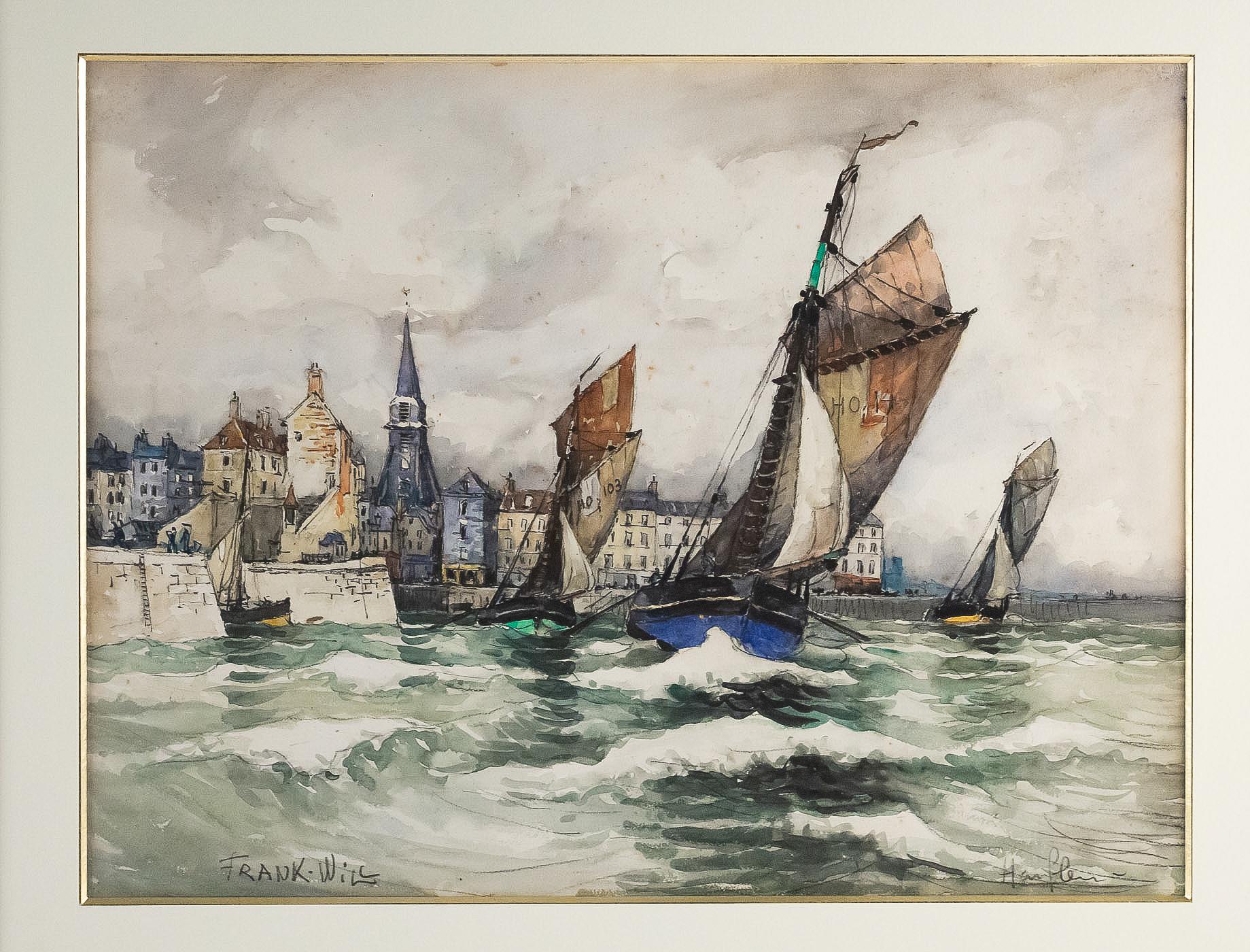 French Frank Will, Watercolor, View of Honfleur, circa 1930s For Sale