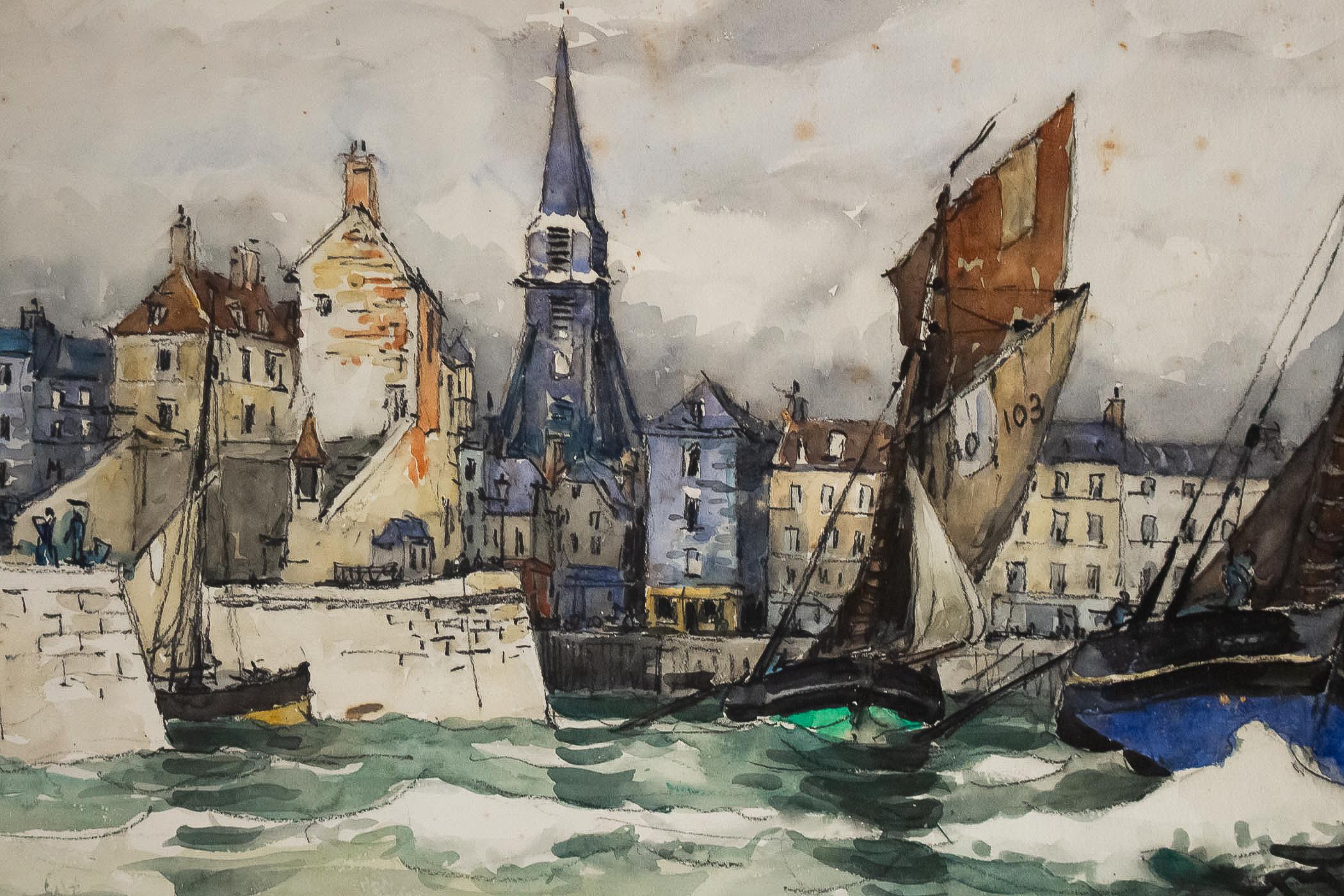 Painted Frank Will, Watercolor, View of Honfleur, circa 1930s For Sale