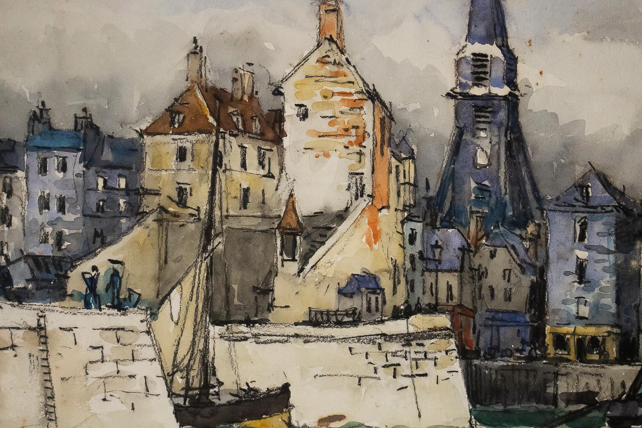 Frank Will, Watercolor, View of Honfleur, circa 1930s In Good Condition For Sale In Saint Ouen, FR