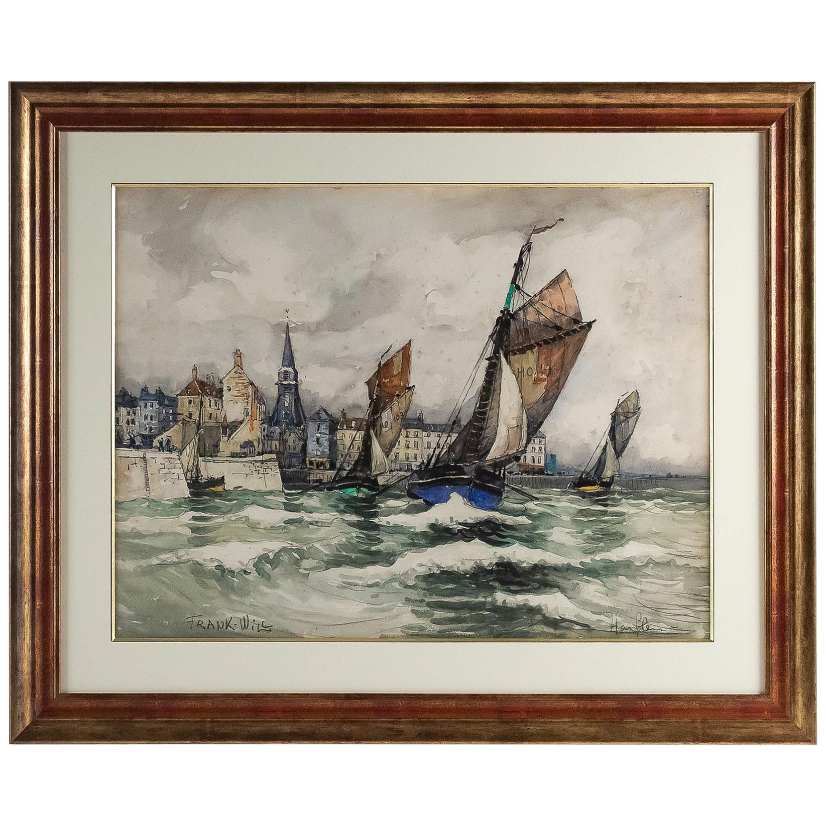Frank Will, Watercolor, View of Honfleur, circa 1930s For Sale