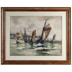Antique Frank Will, Watercolor, View of Honfleur, circa 1930s